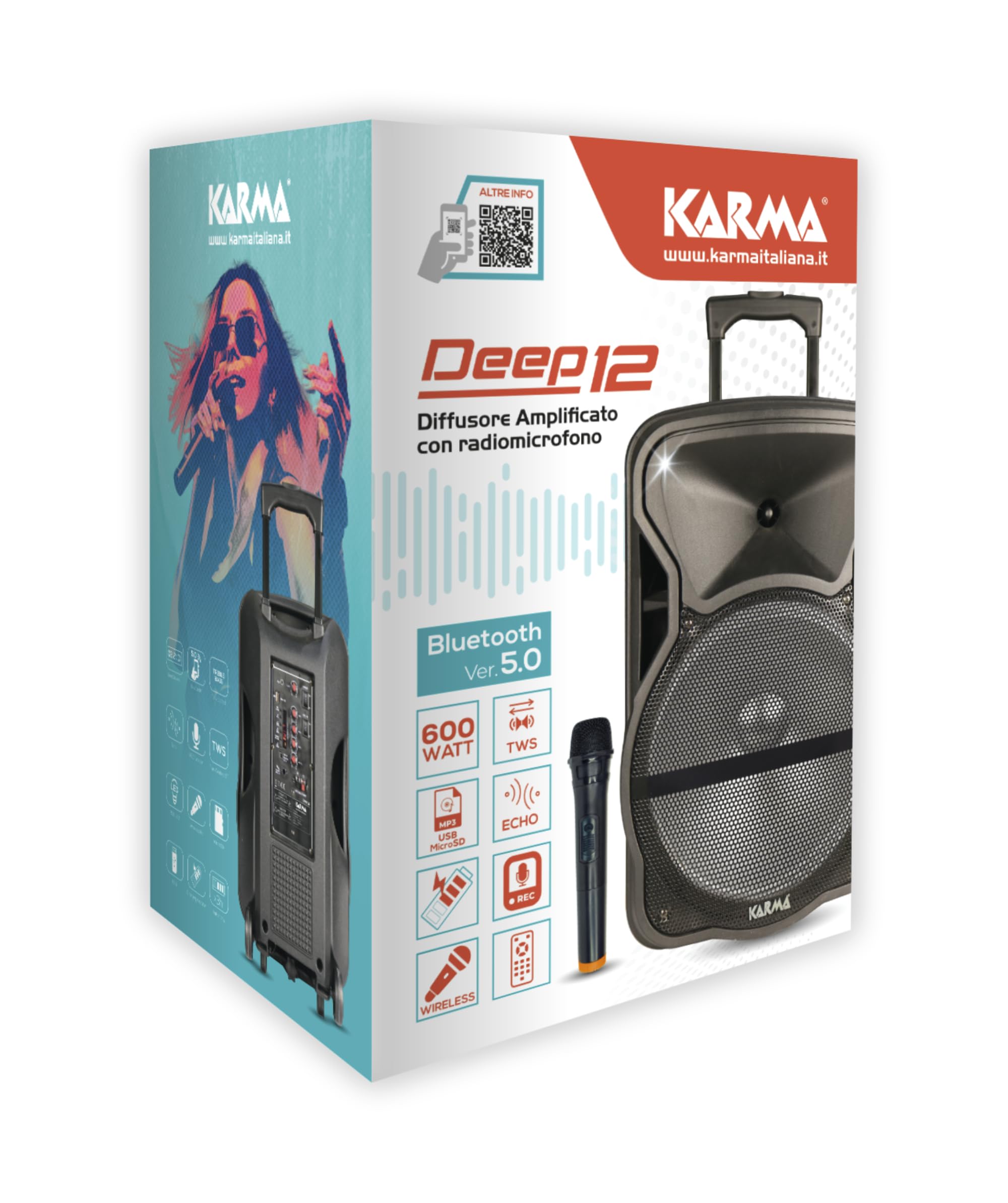 Enceinte amplifiée 600W PMPO Karma DEEP-12 avec Microphone sans Fil VHF USB Bluetooth TWS, Enregistrement, Boomer LED RVB