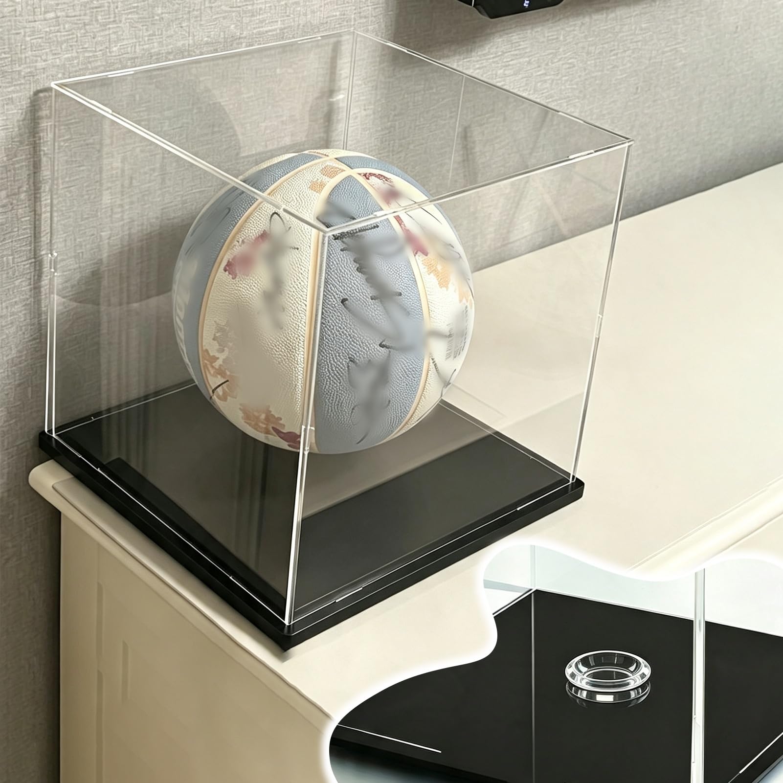 Teca Plexiglass Grande Cubo Porta Autografi con Supporto Rimovibile | Portaoggetti da Banco in Acrilico per Più Blocchi, Contenitore per Cimeli di Basket con Base Nera(30x30xH30cm/12x12x12in)