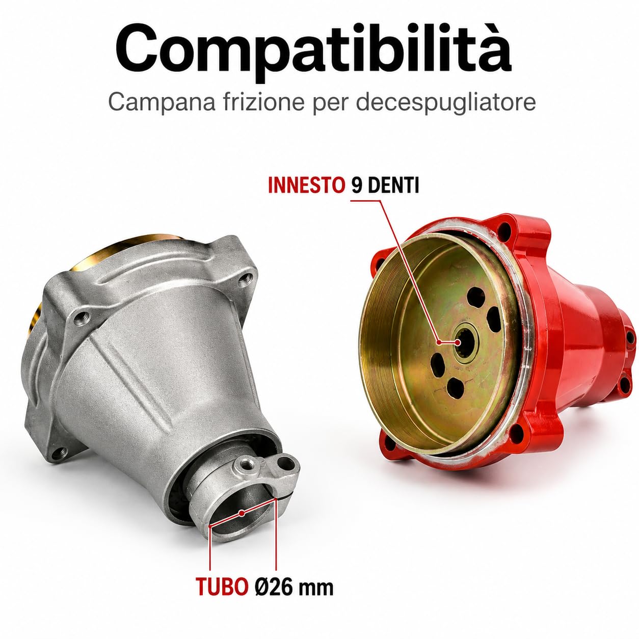 Campana Frizione per Decespugliatore Ø78mm | Tubo Ø26mm | Innesto 9 Denti | Ricambio Universale Compatibile con Vari Modelli | Colore Grigio o Rosso in Base alla Disponibilità