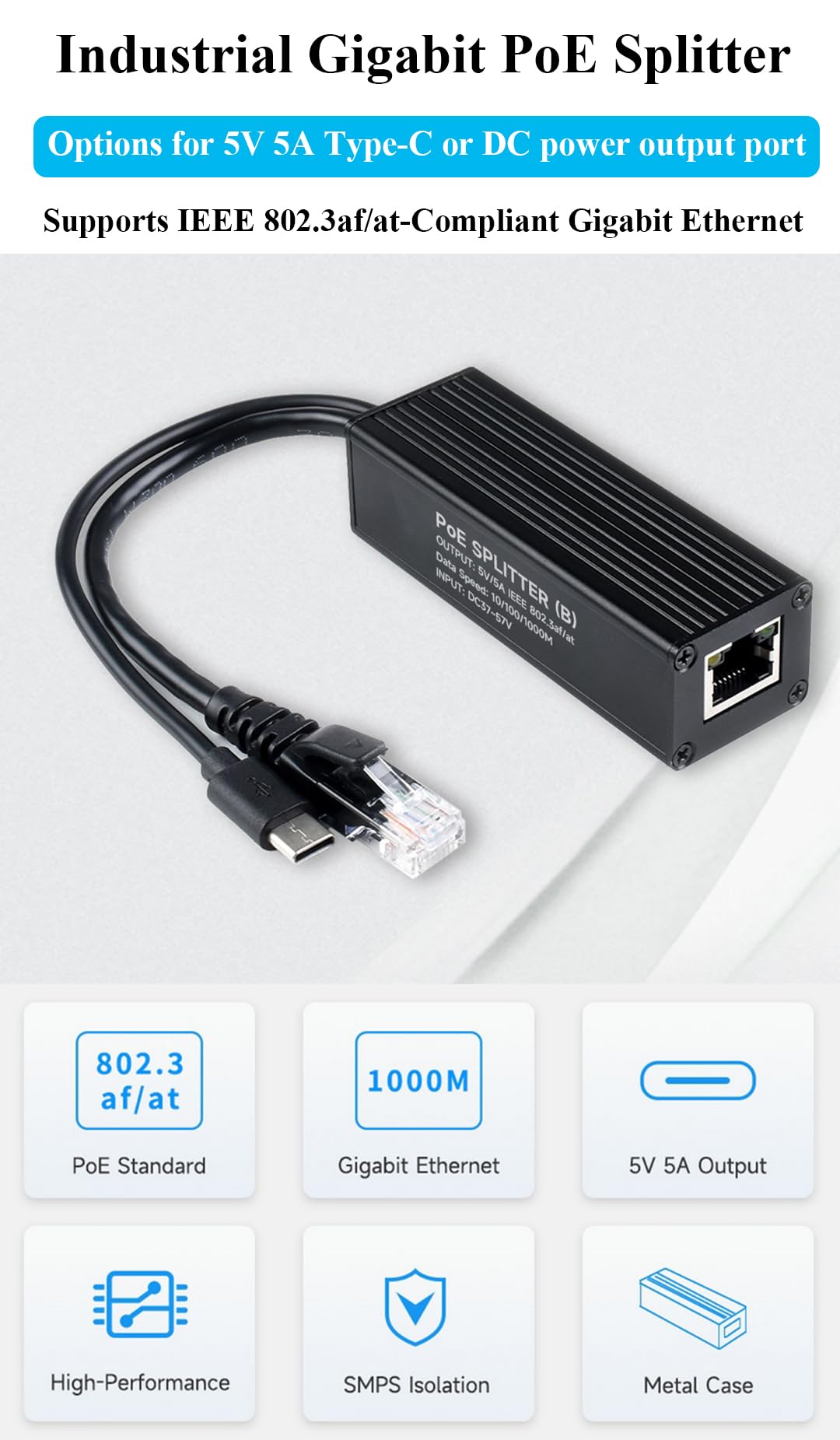 Splitter industriale Gigabit PoE 5V 5A 25W uscita, 1000Mbps, porta USB di tipo C | Power Over Ethernet Splitter compatibile con Raspberry Pi 5 4B 3B+ 3B/telecamera di rete