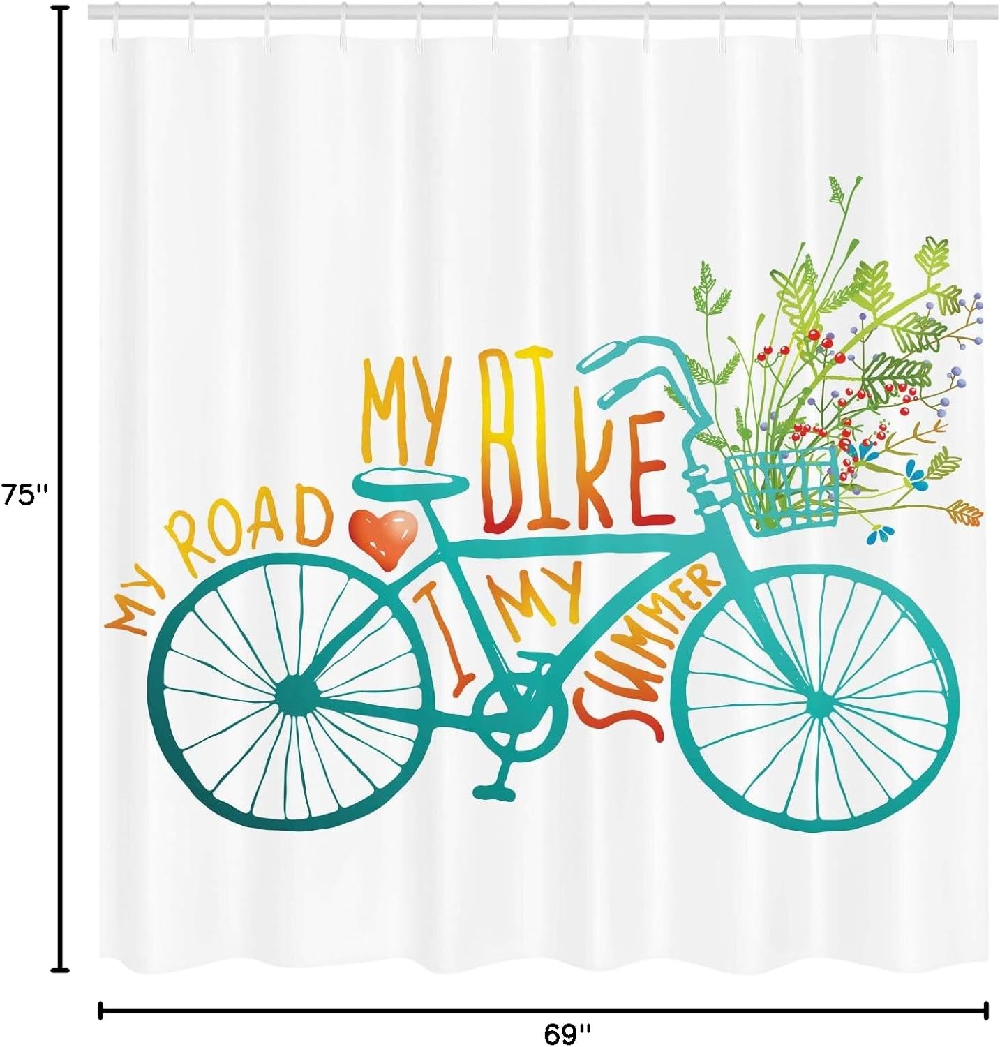 Ambesonne Bicycle Shower Curtain, Vintage Summer Bike a Floral Bouquet Vehicle for Transport Illustration, Cloth Fabric Bathroom Decor Set with Hooks, 69" W x 75" L, Turquoise Yellow