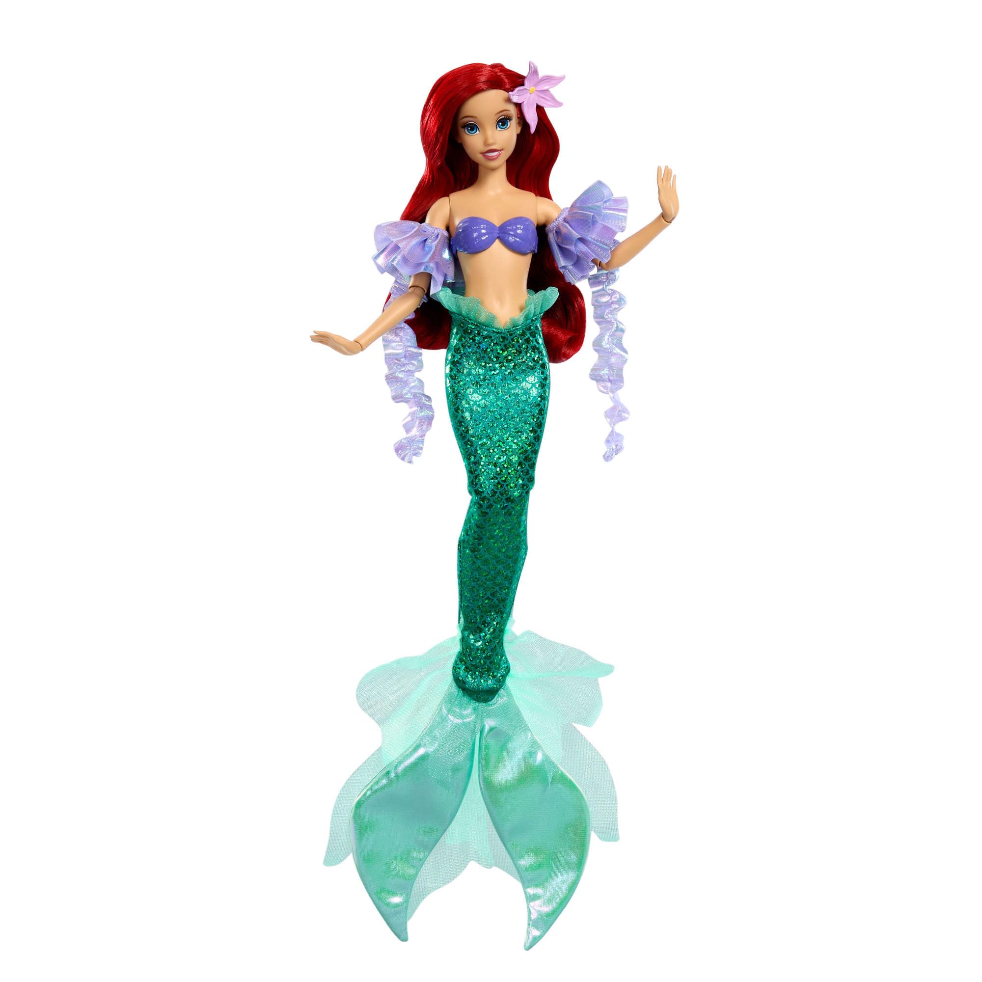 Mattel Disney Princesas Sparkling Princess Ariel Muñeca y Accesorio con Cola extraíble, Mangas y Pasador para el Pelo con Flor, Inspirada en la película, JLK25