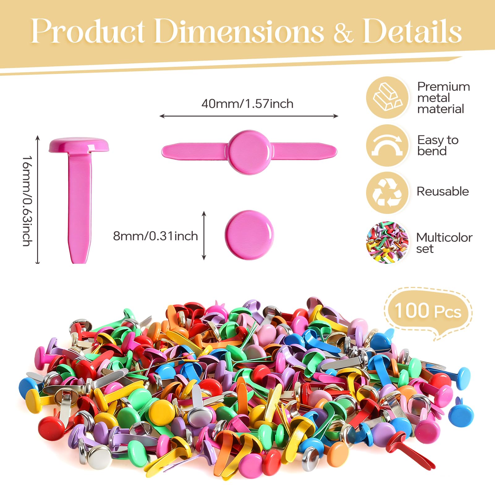 Glarks 1000 Pièces Mini Brads Métal 10 Couleurs - Kit Fermoirs Papier 400 Tête Champignon + 600 Tête Ronde