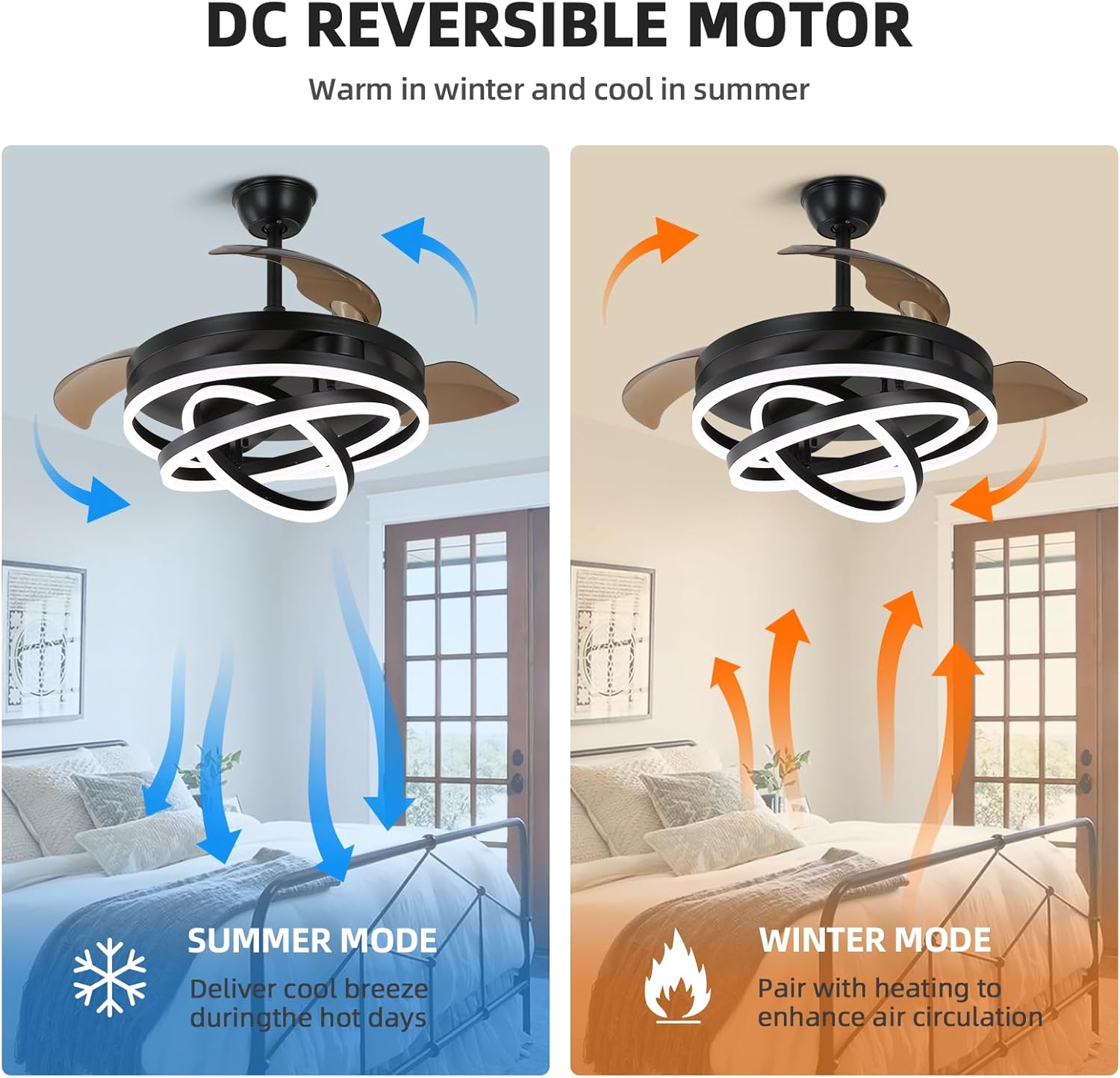 Retractable Ceiling Fan with Lights and Remote/APP Control,Dimmable,Timer Setting,6 Speed,42 Inch Modern Chandelier Ceiling Fan for Bedroom/Living Room/Kitchen/Kis Room/Patio