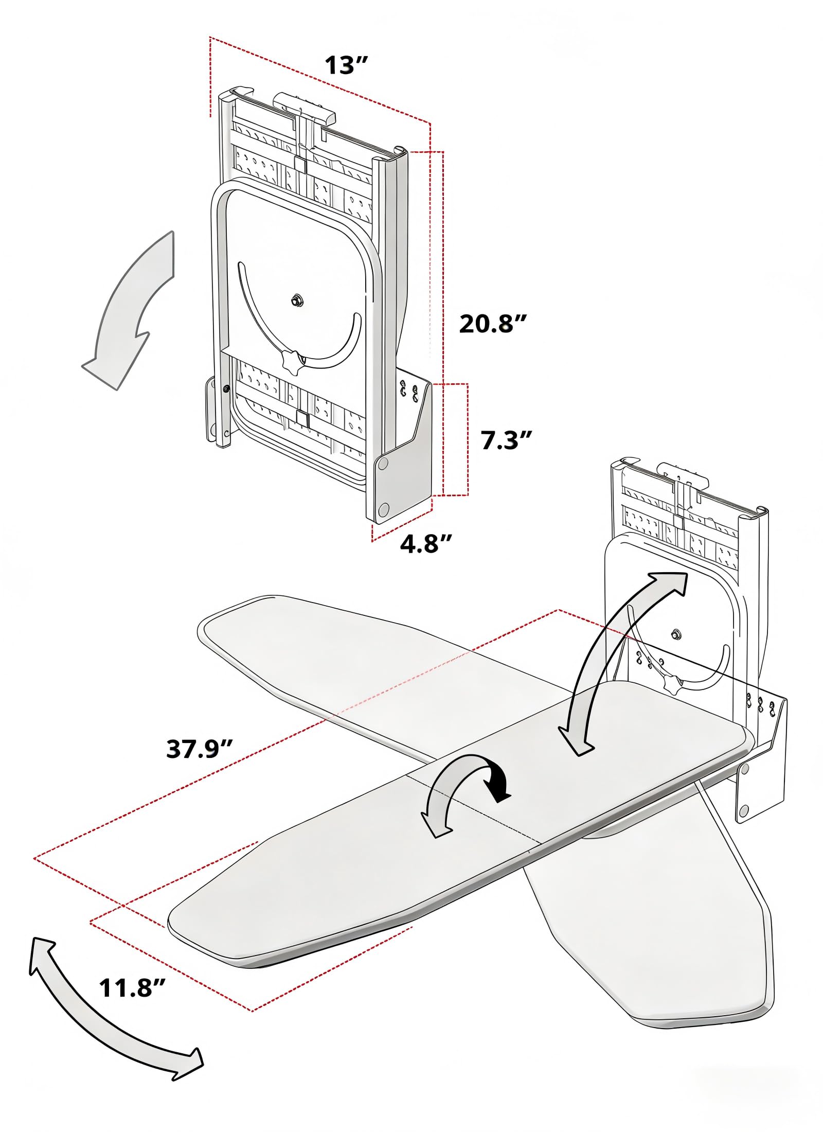 Nisorpa Bügelbrett zur Wandmontage, 94 x 33 cm, zusammenklappbar, um 180 ° drehbar, mit hitzebeständigem Bezug in der Wand, platzsparend, für Waschküche zu Hause