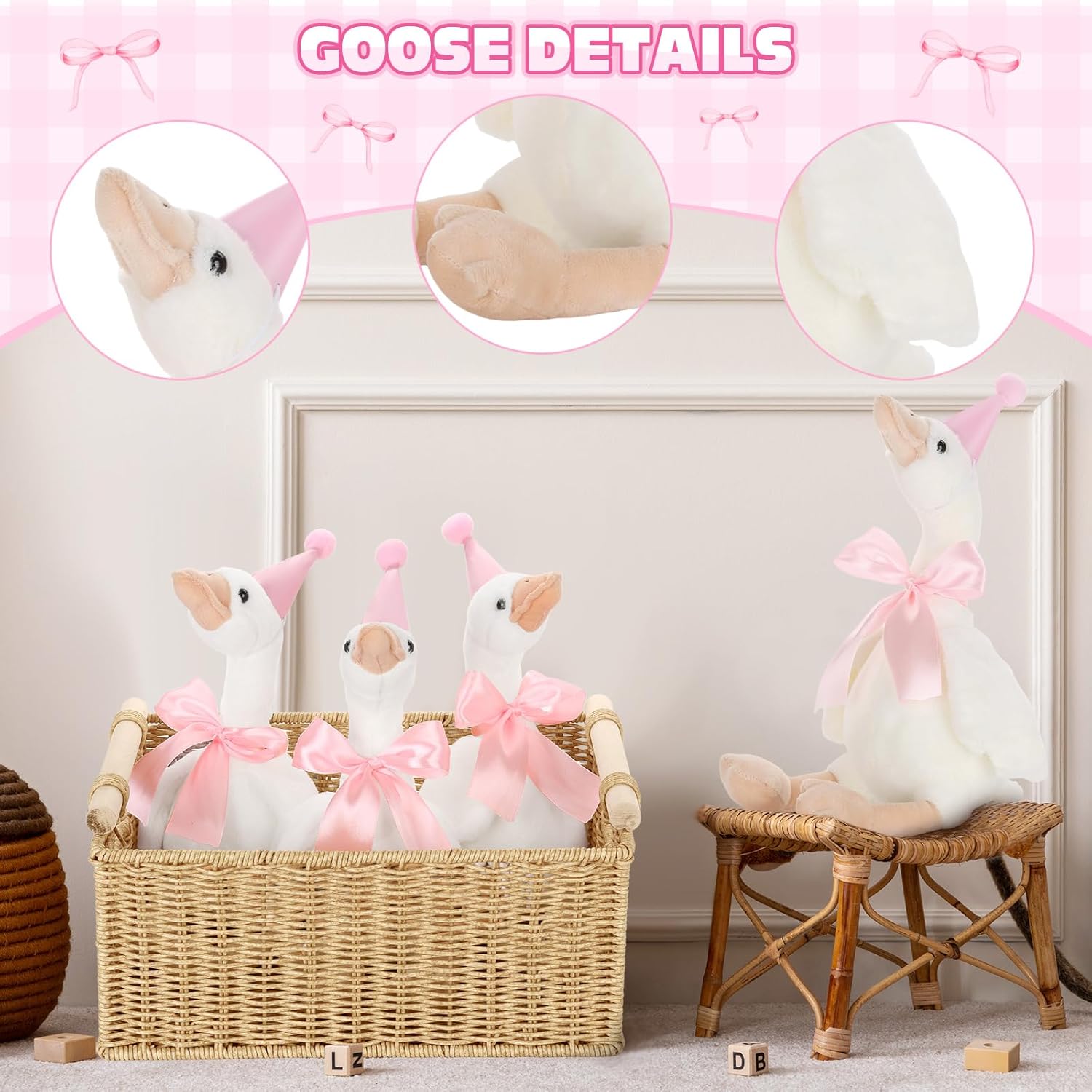 One Silly Goose Birthday Decoration 10 Sets 12 Inch Soft Goose Stuffed Animal Hat Adoption Cards with Wood Table Decor Adopt Birthday Gifts(Pink)