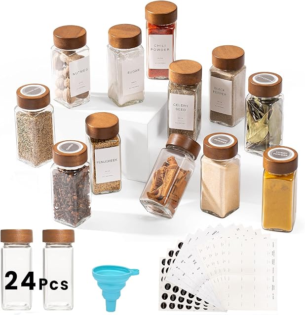 Yangbaga 24PCS Glass Spice Jars set-Glass Jars With Wooden Lids with Shaker Lids- Spices & Seasoning -Kitchen Storage & Organisation of Spice Jars With Lids And Labels Stickers