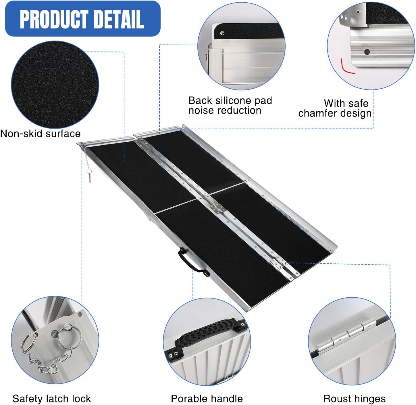 Nilight 5 Feet Portable Wheelchair Ramp with Quick-Lock Non-Skid Aluminum Handicap Ramps with Handle Folding Threshold Ramp for Home Steps, Stairs, Doorways, Scooter, Porch, Cart 800LBS Capacity