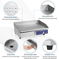 Vista 6 de KOTEK Plancha eléctrica comercial, 2000 W 22 pulgadas, marco de acero inoxidable y bandeja de goteo, control de temperatura ajustable de 122 ℉ a 572
