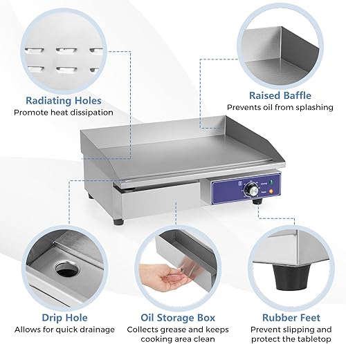 Miniatura 6 de KOTEK Plancha eléctrica comercial, 2000 W 22 pulgadas, marco de acero inoxidable y bandeja de goteo, control de temperatura ajustable de 122 a 572