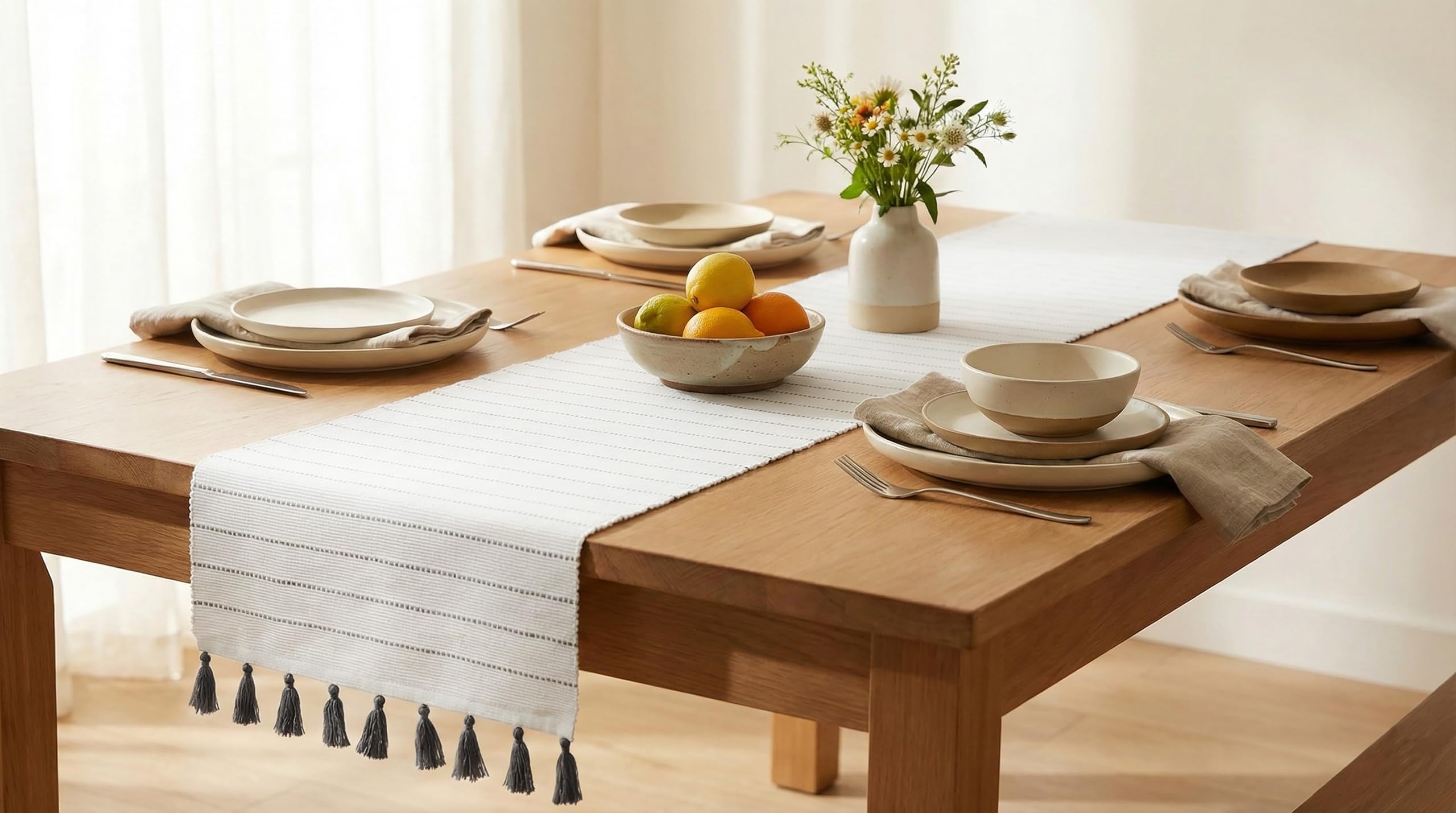 PurpleEssences Dobby - Camino de mesa tejido acanalado a rayas para Navidad, casa de campo, comedor, 14 x 72 pulgadas, gris y blanco alto