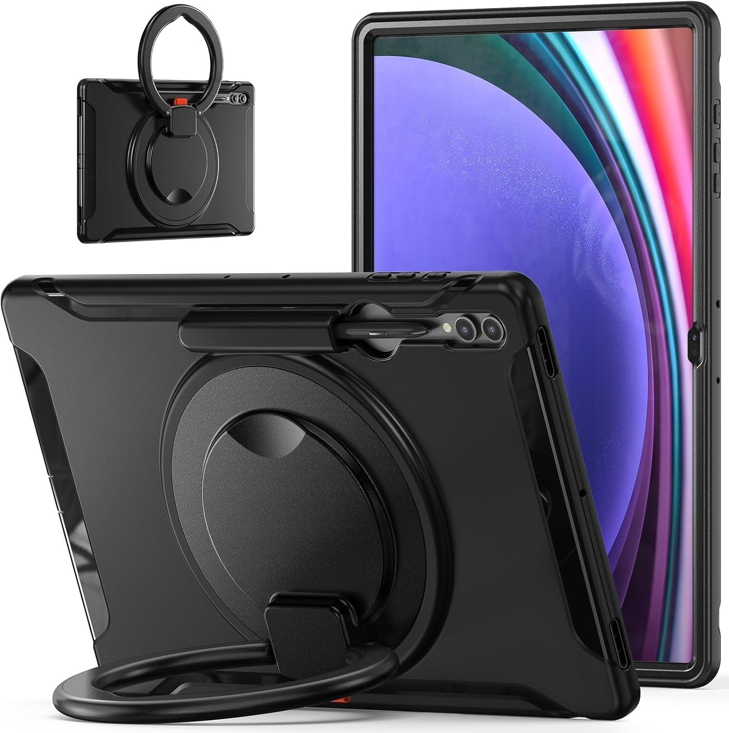 Compatible with Samsung Galaxy Tab S10 Ultra 14.6 inch 2024 SM-X920 Case with S Pen Holder & 360 Degree Swivel Kickstand Heavy Duty Hybrid Case Bumper Protective Kids Cover(Black)