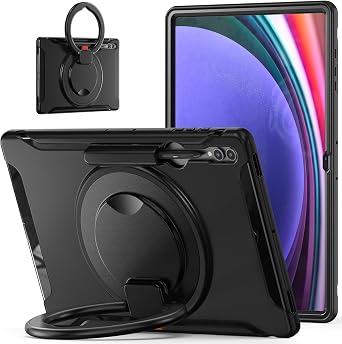 Samsung Galaxy Tab S10 Ultra 14.7" 2024 SM-X920 Case, Heavy Duty Hybrid Case Bumper Protective Kids Cover with S Pen Holder & 360 Degree Rotating Kickstand Black