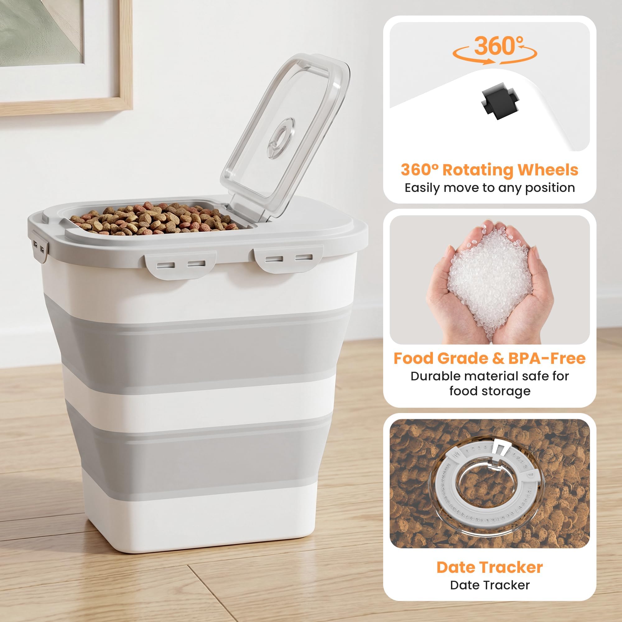 Contenedor de almacenamiento de alimentos para perros de 35 a 40 libras, contenedor plegable para alimentos para mascotas con tapas herméticas, ruedas desmontables, cuchara y 2 recipientes de