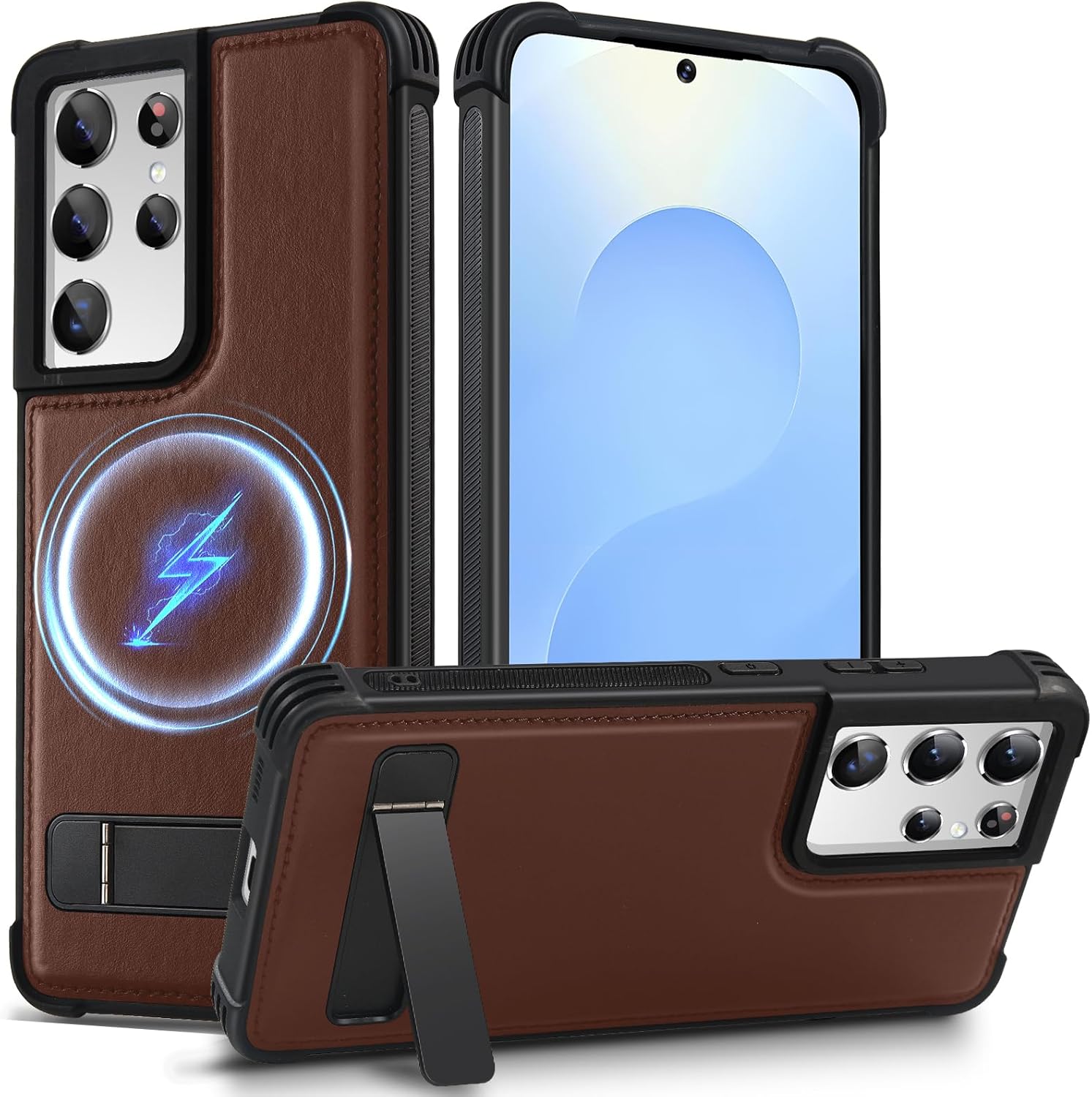 KEZiHOME Compatible for Samsung Galaxy S21 Ultra Case, Premium Genuine Leather [Built-in Kickstand] [Shockproof] [Drop-Proof], Magnetic Protective Phone Cover Case for Galaxy S21 Ultra 5G (Brown) Galaxy S21 Ultra case Brown