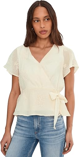 Short Sleeve Wrap Front Woven Top With Tie