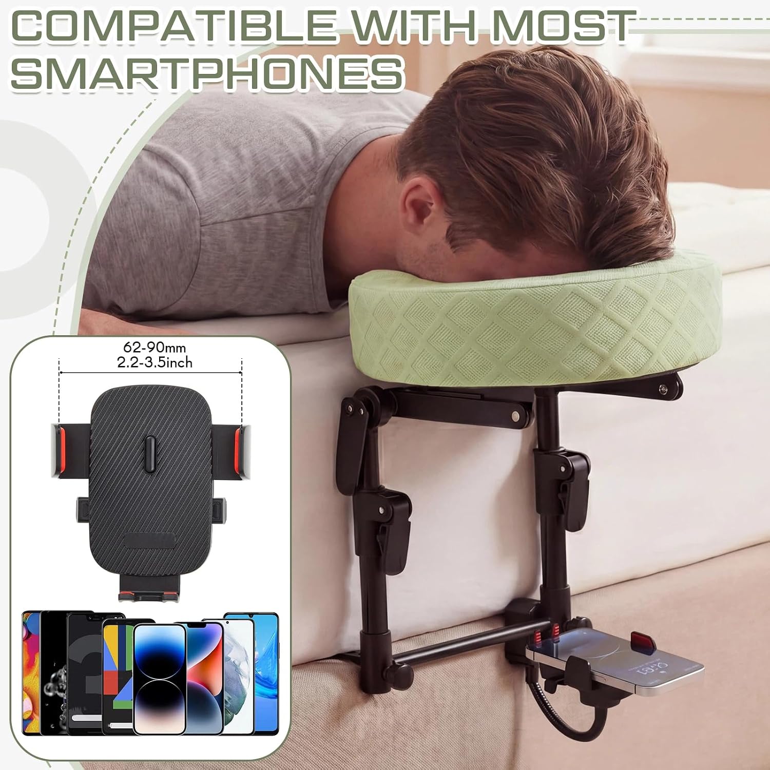 Qunclay Massage Headrest for Bed with Phone Holder, Adjustable Mattress Top Massage Kit for Home Spa, Face Down Pillow After Eye Surgery, Portable Head Support for Sleeping Mattress, Green