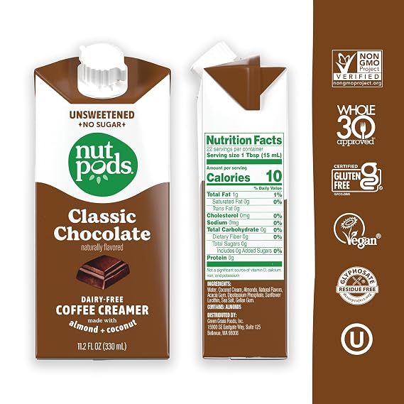 nutpods Classic Chocolate Unsweetened Dairy-Free Coffee Creamer, 3-Pack | Made from almonds and coconuts. Whole30, keto, gluten free, non-GMO, vegan, kosher.