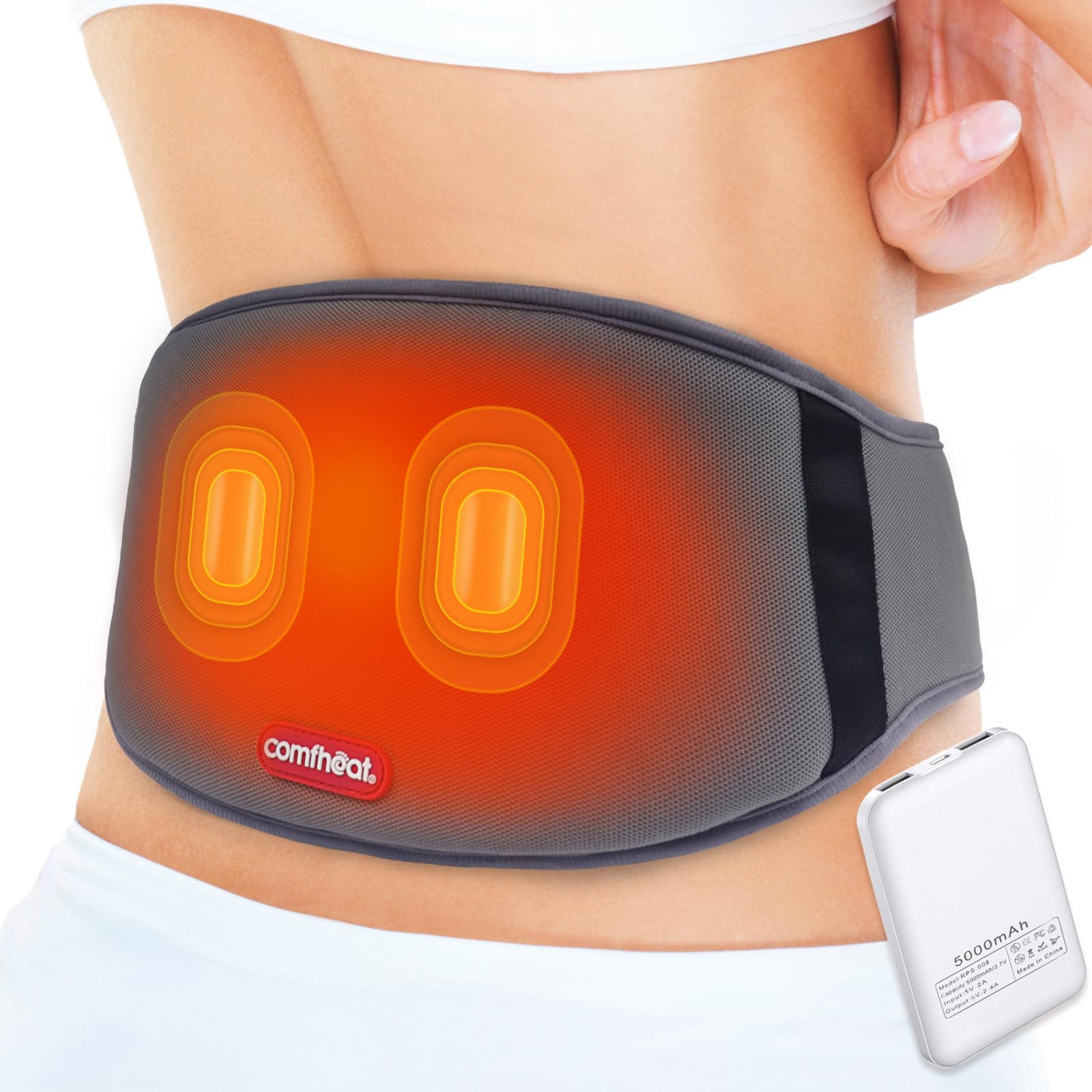 Cordless Portable Heating Pad with Massager for Back Pain Relief for Cramps and Menstrual, Lower Back Massager with 3 Heat Settings, Auto-Off, Heated Waist for Abdominal