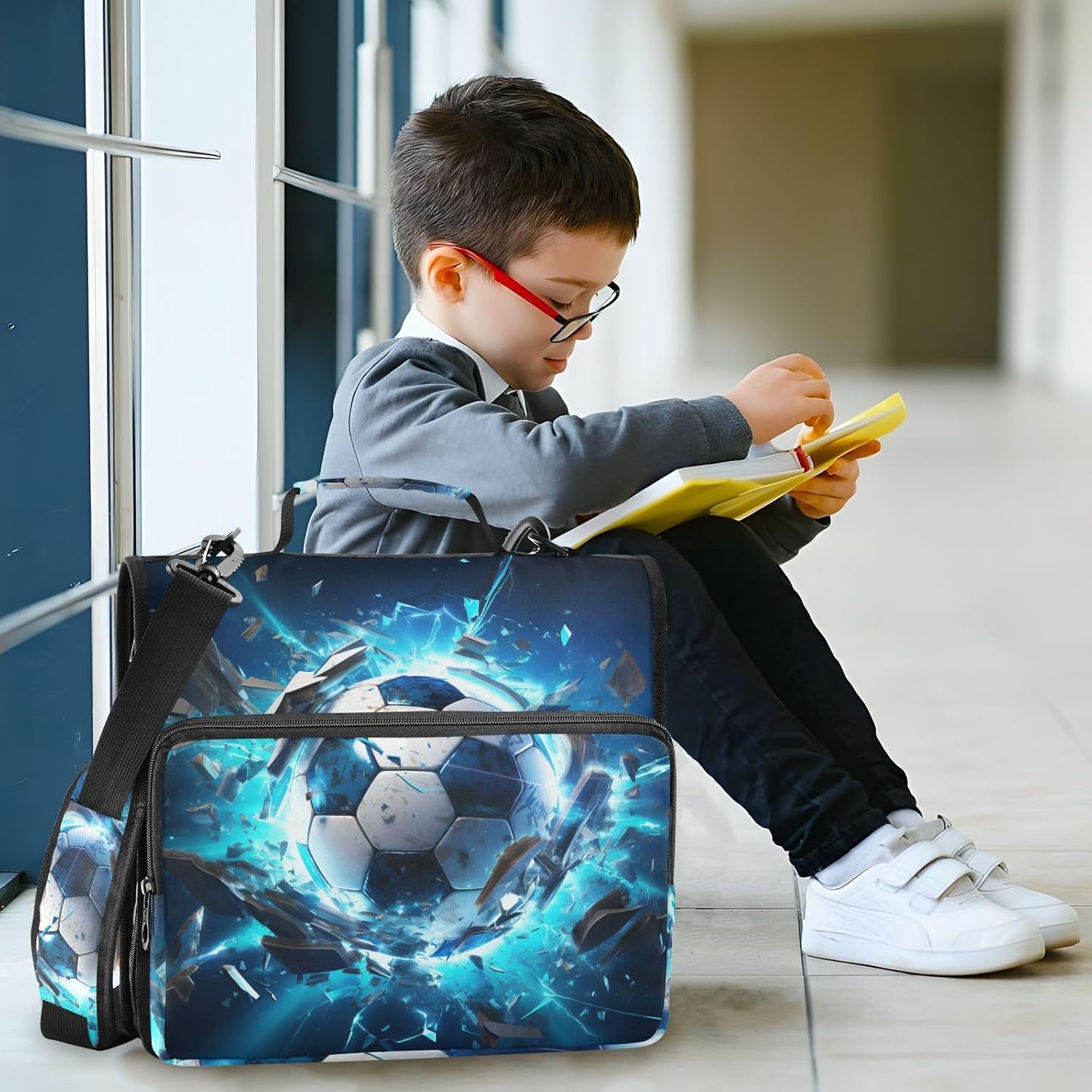 Football Soccer 3D 3 Ring Zipper Binder with Handle Sport 1.5 inch Binder Organizer, Multi Pockets Office File Folder with Shoulder Strap 500 Sheet Capacity