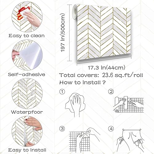 Vista 8 de Papel tapiz dorado y gris claro, papel de contacto geométrico moderno de 17.3 x 78.7 pulgadas, papel tapiz de espiga extraíble, papel de contacto a