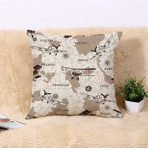Miniatura 2 de Funda de almohada de lino con patrón de aviones, mapa, avión, avión, vintage, ejército, aviación, 20 x 20 pulgadas, funda de almohada cuadrada de