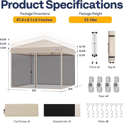 Miniatura 8 de VIVOHOME Toldo desplegable fácil de 8 x 8 pies, tienda de campaña para exteriores con mosquitera, 2 puertas con cremallera y bolsa enrollable para
