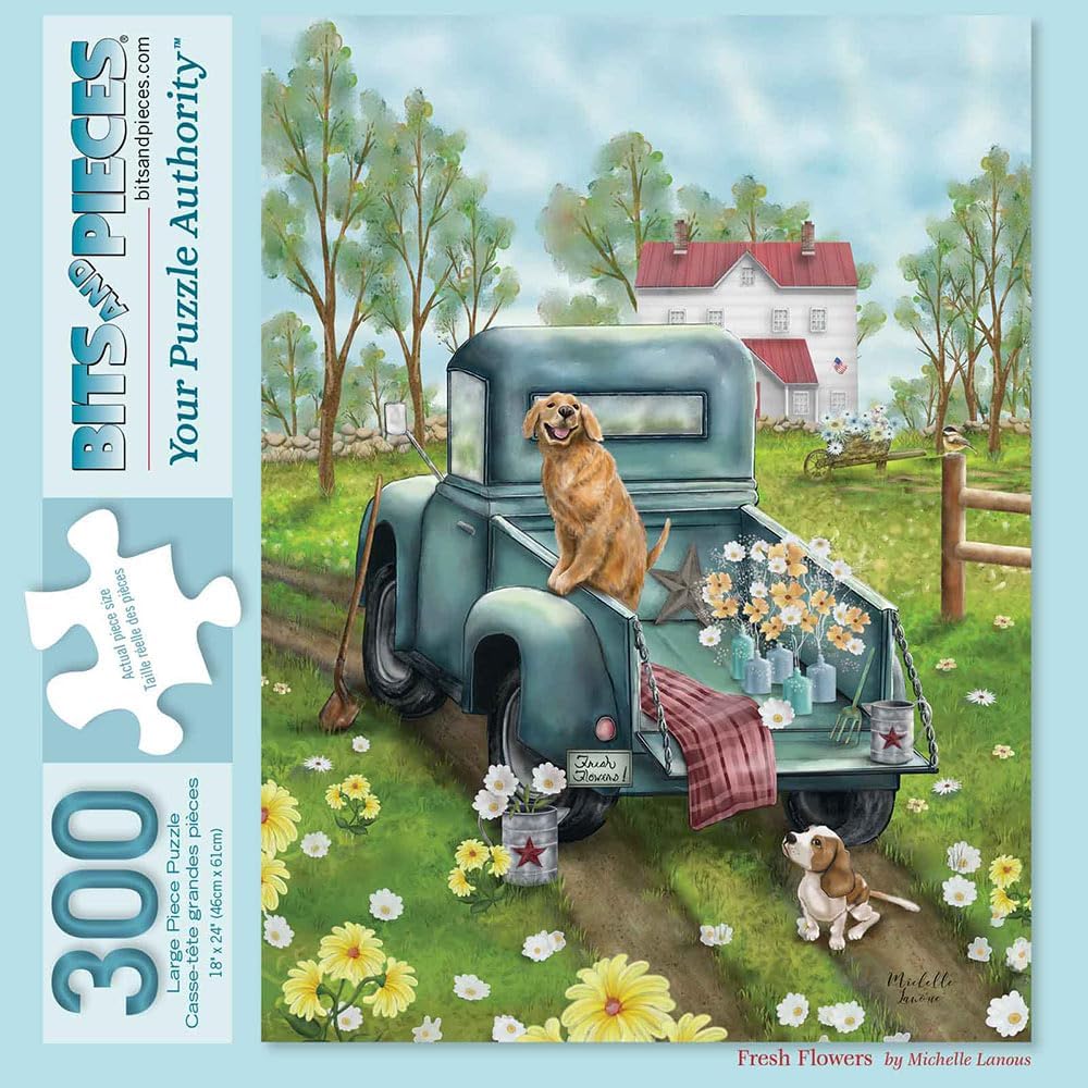 Bits and Pieces – Large 300 Piece Jigsaw Puzzle for Adults – Fresh Flowers - Country Dogs Jigsaw Puzzle by Michelle Lanoue, Completed Puzzle Size: 18" x 24"