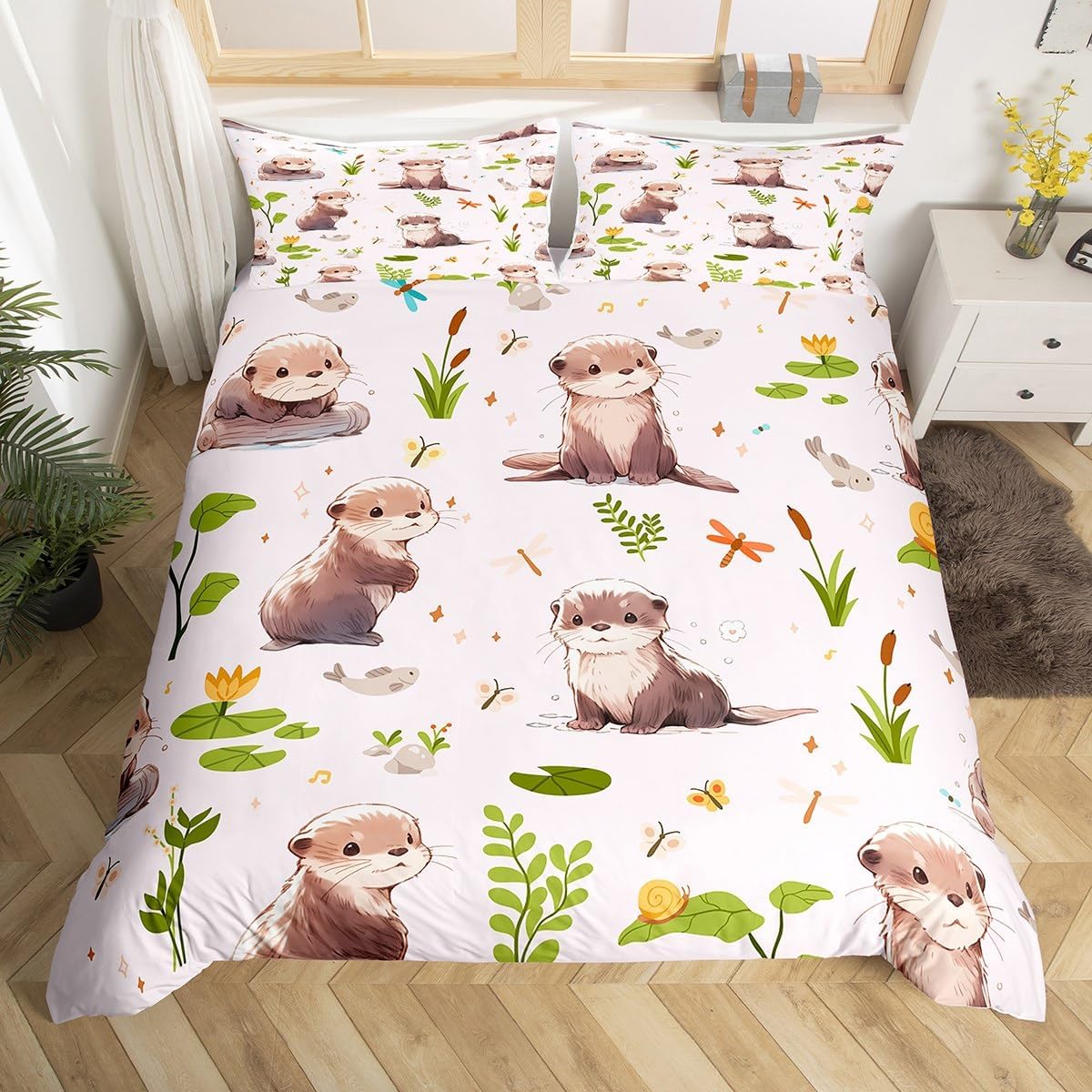 Lovely Otter Kids Duvet Cover Set Toddler Size Underwater View Cute Turtle Fish Bedding Set for Boys Girls Teens Green Leaves Cartoon Animal Rustic Style Quilt Cover with 1 Pillowcase,No Comforter