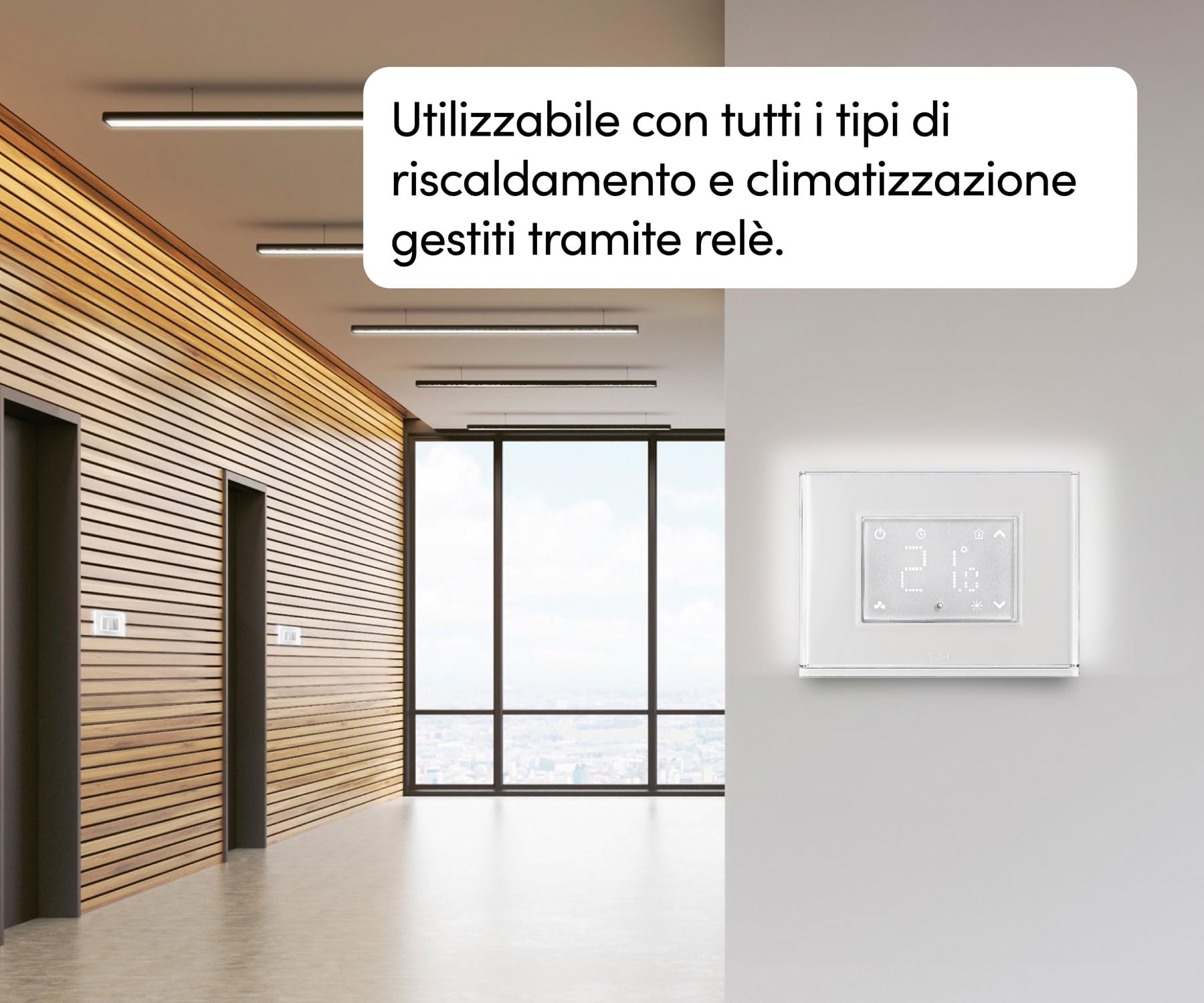 Beghelli - Termostato con Display Touch e Placca Luminosa Retroilluminata con 15 Colori, Sensore Luce, Modalità Condizionamento e Riscaldamento, Modalità Luce di Emergenza, Batteria Inclusa