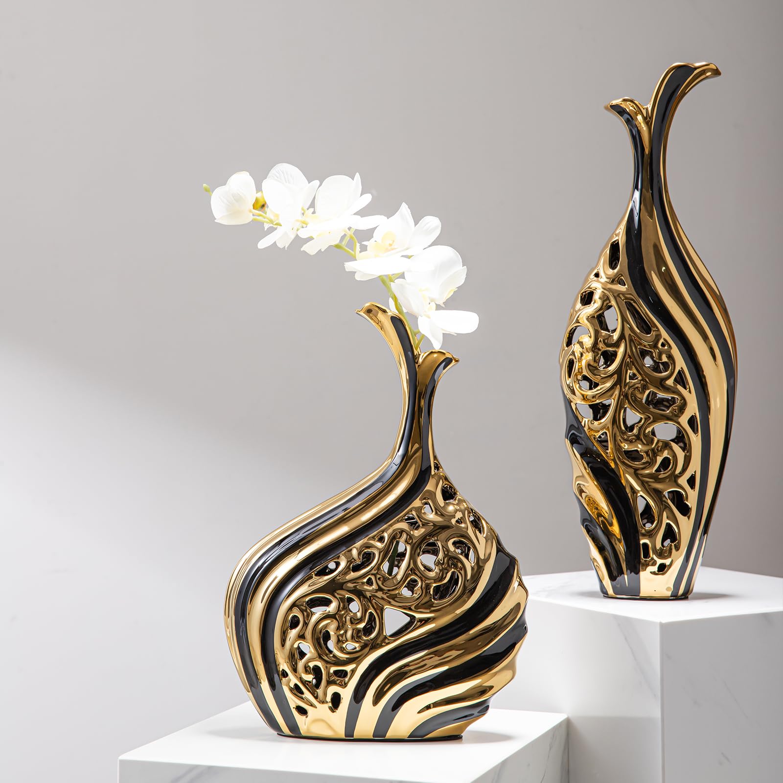 LCCCK Jarrón Alto Decorativo de Piso de 38 cm de Altura, Moderno Jarrón Grande de Piso Negro y Dorado, Decoración Premium para Bodas, Jarrón de Flores Individuales para Hierba de Las Pampas