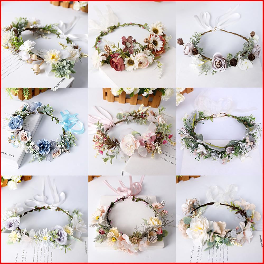 Blumenkranz Haare Haarkranz Blumen Haarreif, Blumenmädchen Stirnbänder Kopfschmuck Floral Girlande Blumenstirnband Verstellbarer Gürtel für Hochzeit Zeremonie Party Festival,Hellblau