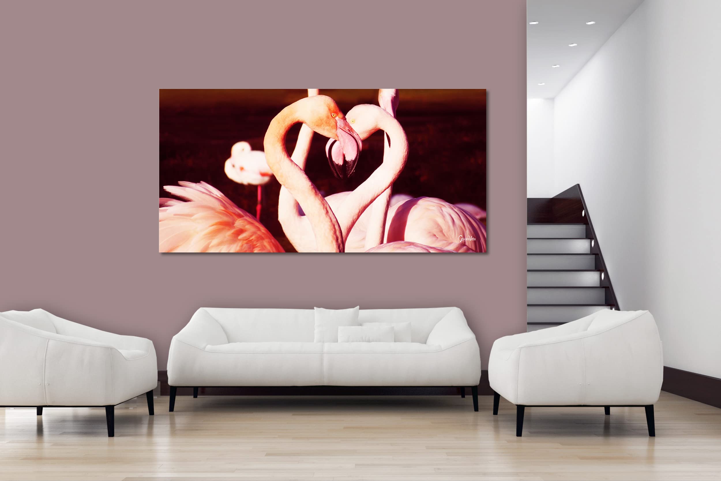 Glücksvilla - Flamingos in Love (Leinwand-Bild 2 cm, 160 x 80 cm) | div. Maße - aus DE - Kunstdruck Deko Wandbild quer - Vogel Tier See Meer Liebe Herz Frankreich