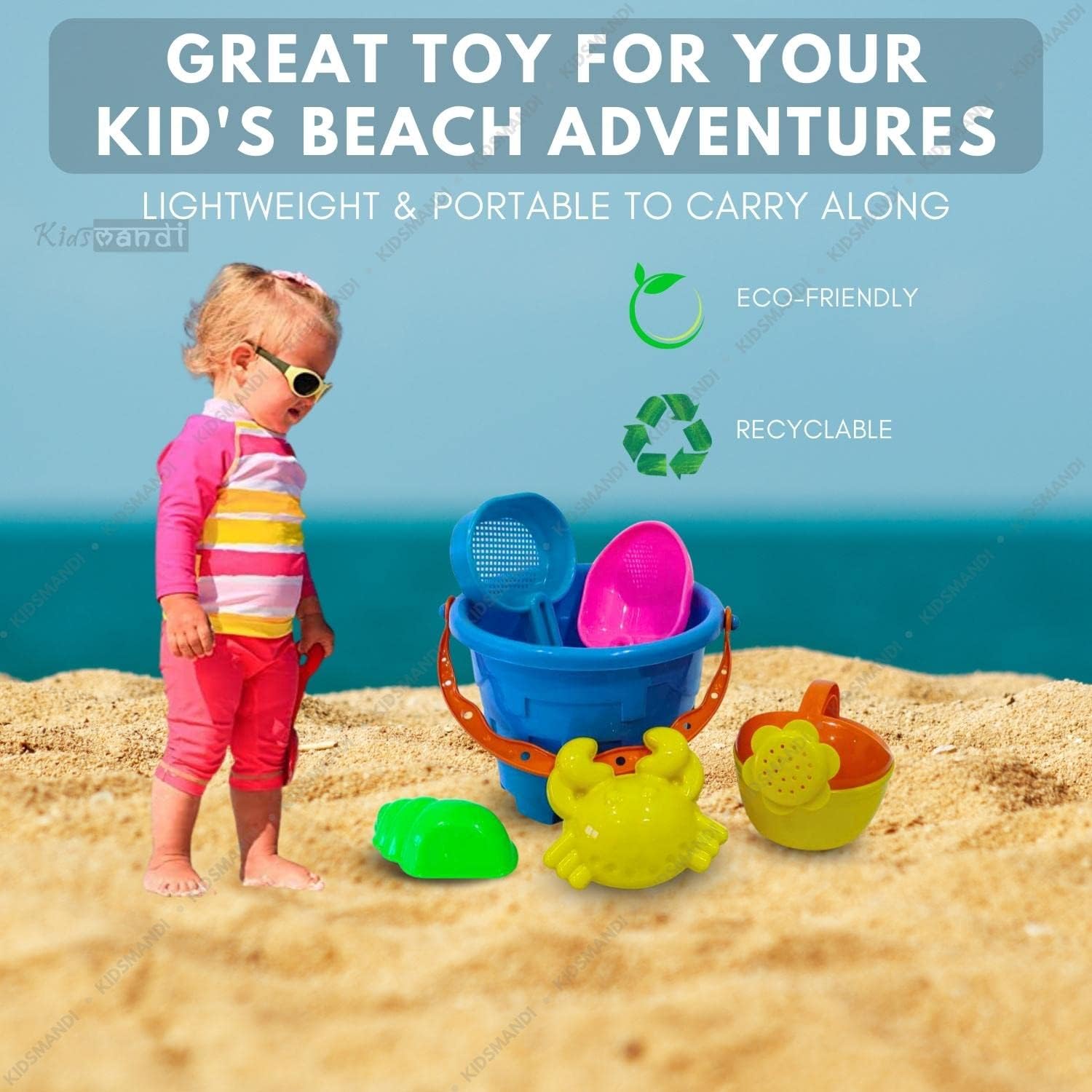 Kids Mandi 6PCS Beach Sand Kit Toy Set for Toddlers | Bucket, Shovels & Fun Molds | Outdoor Play Kit for Kids | Creative Beach & Garden Activity Toys (Color May Vary) 2