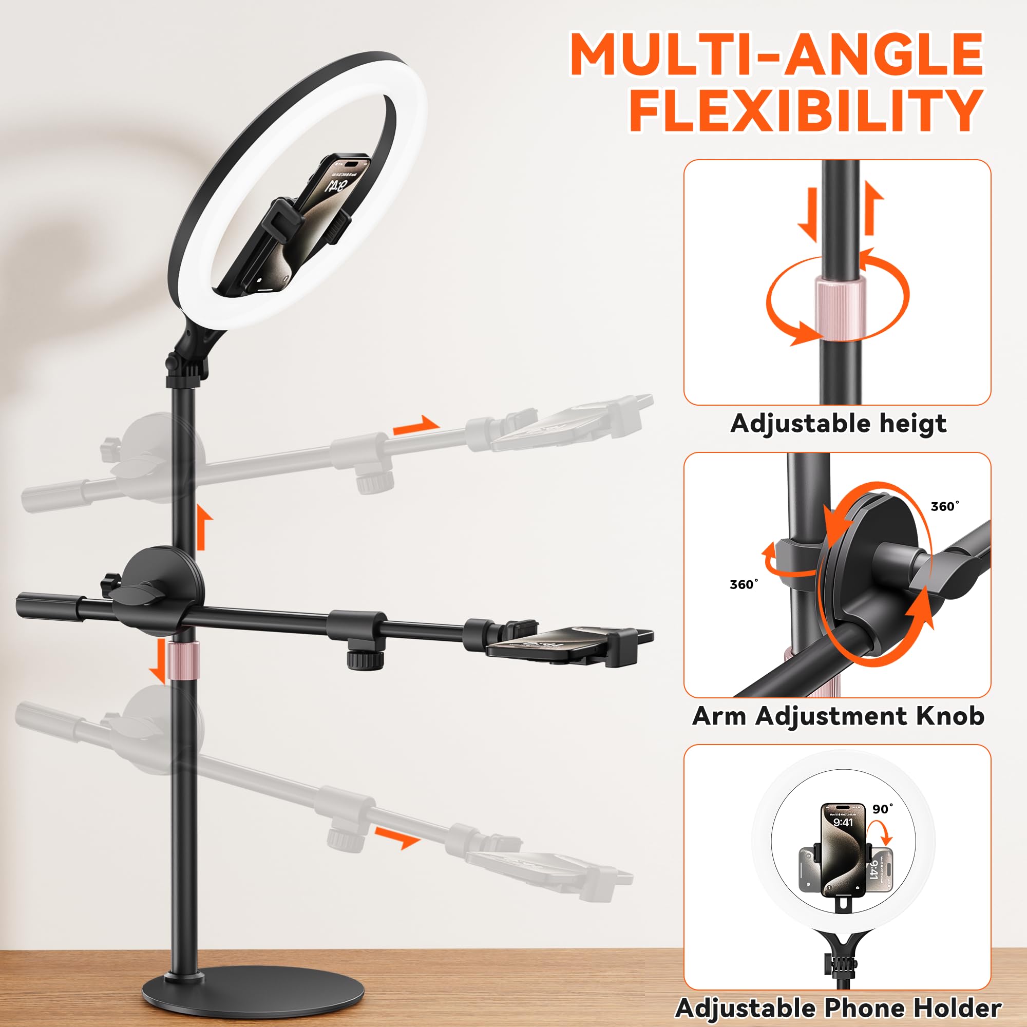 Luce ad anello da scrivania da 28 cm con supporto, supporto per telefono per fotografia alimentare, registrazione video, riunioni zoom, YouTube, TikTok