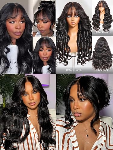 Miniatura 6 de Julia Hair Pelucas de cabello humano con encaje frontal de 13 x 4 HD, pretodo, sin pegamento, esponjosas, naturales, sueltas, con flequillo, con