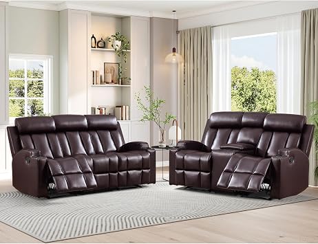 HAOMARKETS 2-Piece Manual Recliner Sofa Set, Included Loveseat 2-Seater with Center Console and 3-Seater Couches, Overstuffed Leather Reclining Couches with Cup Holders for Living Room, Dark Brown