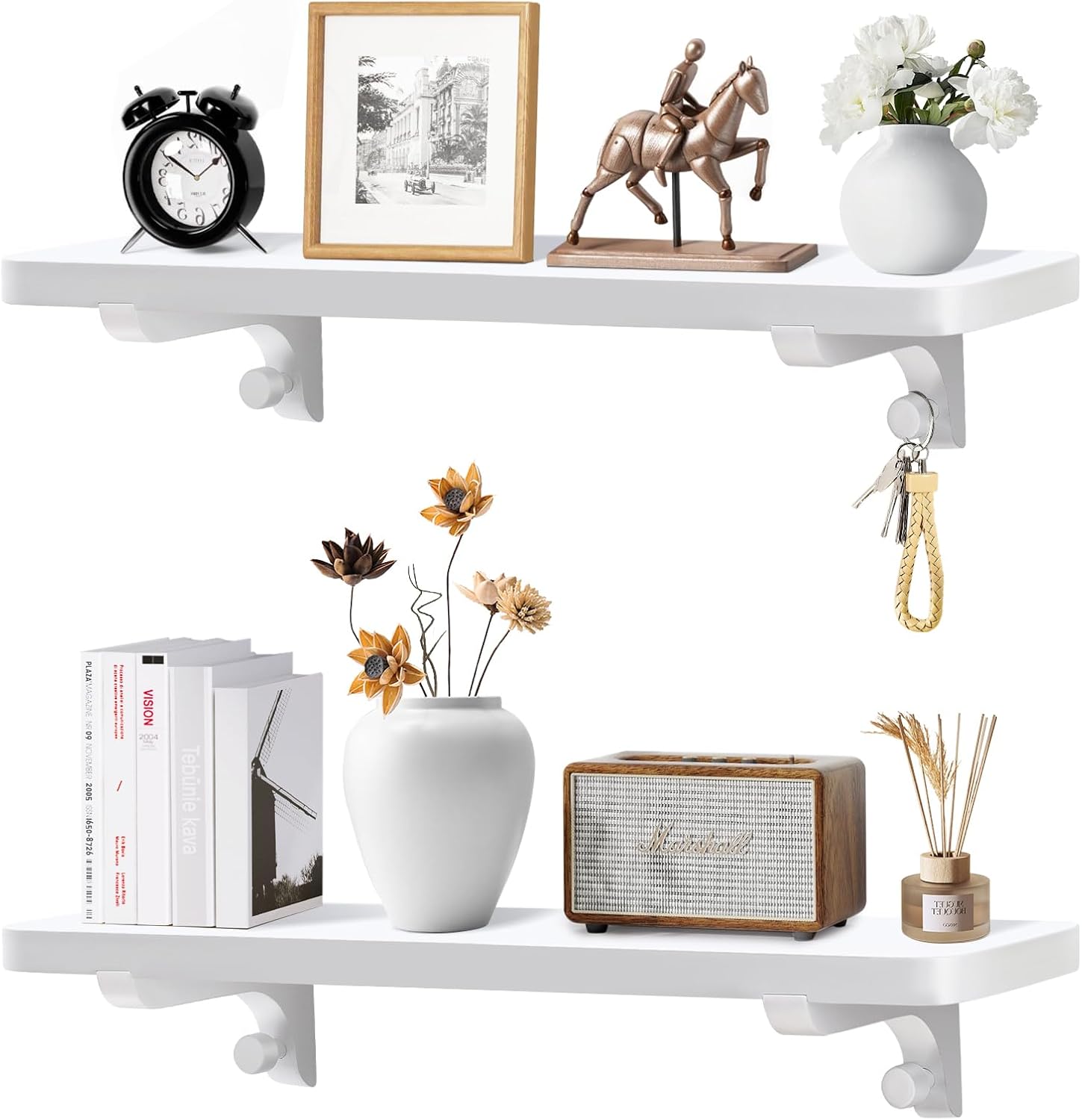 Wooden Floating Shelves for Wall, 22.6" W x 6" D x 0.8" H Large Wall Shelves, Hanging Storage Shelf with Hooks for Living Room, Kitchen, Bathroom, Bedroom Decor, White, 2 Packs