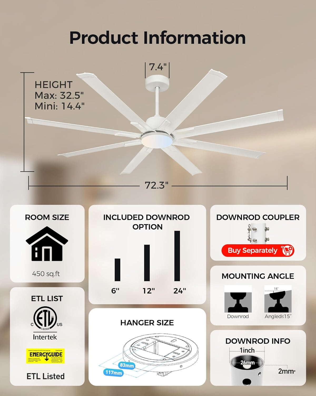 72In White Aluminum Ceiling Fan with Light,Smart ceiling fan with Alexa and APP(via WIFI),6 Speed,3CCT,Quiet DC Outdoor Indoor fan for patio and Living Room