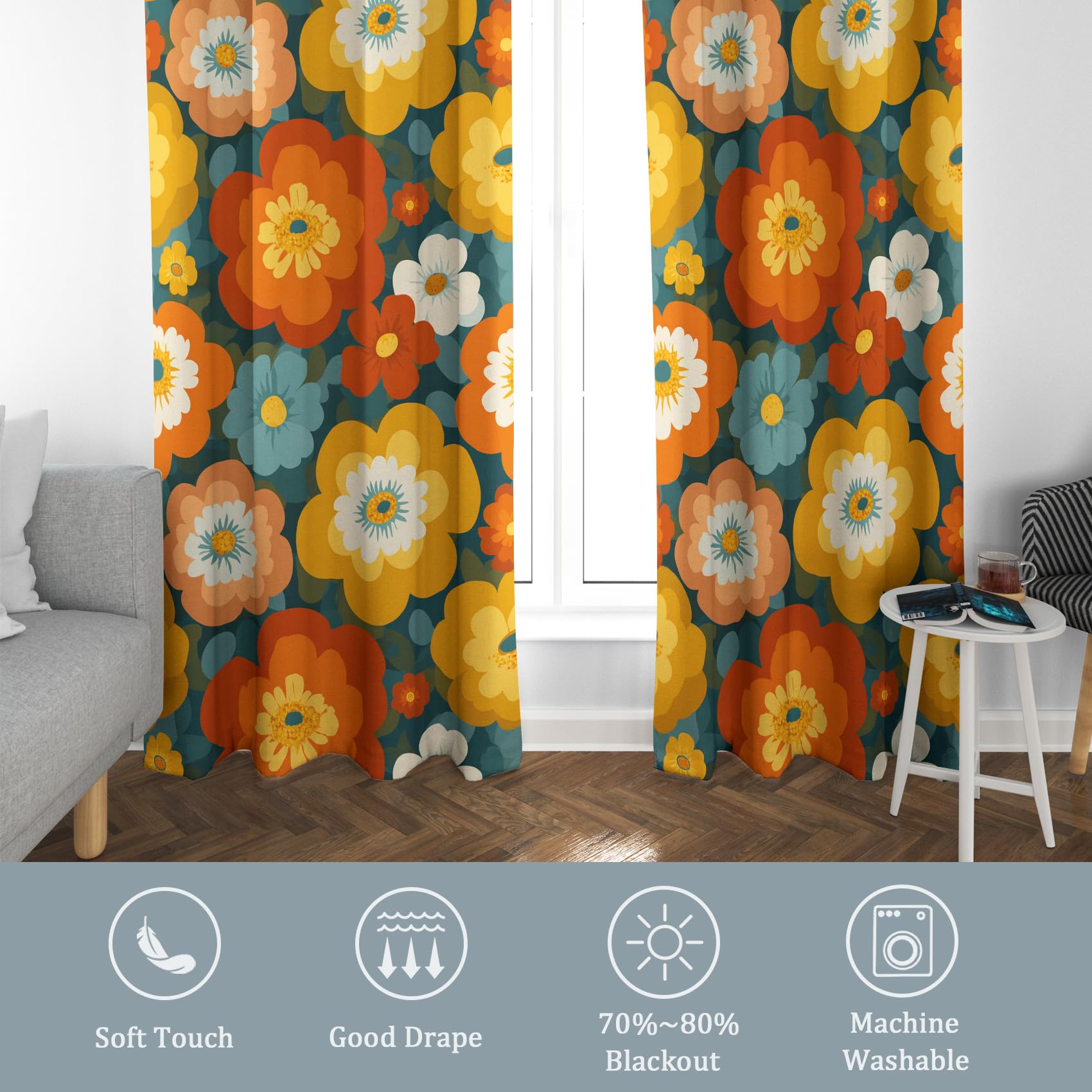 Rideaux Motif Groovy Florales - Rideau Occultant Bohème Fleurs Hippie, Lot de 2 Rideaux Imprimé, Decoration Chambre Salon Cuisine, Draperies Intérieurs à Oeillets L 140 x H 200 T&YE-2