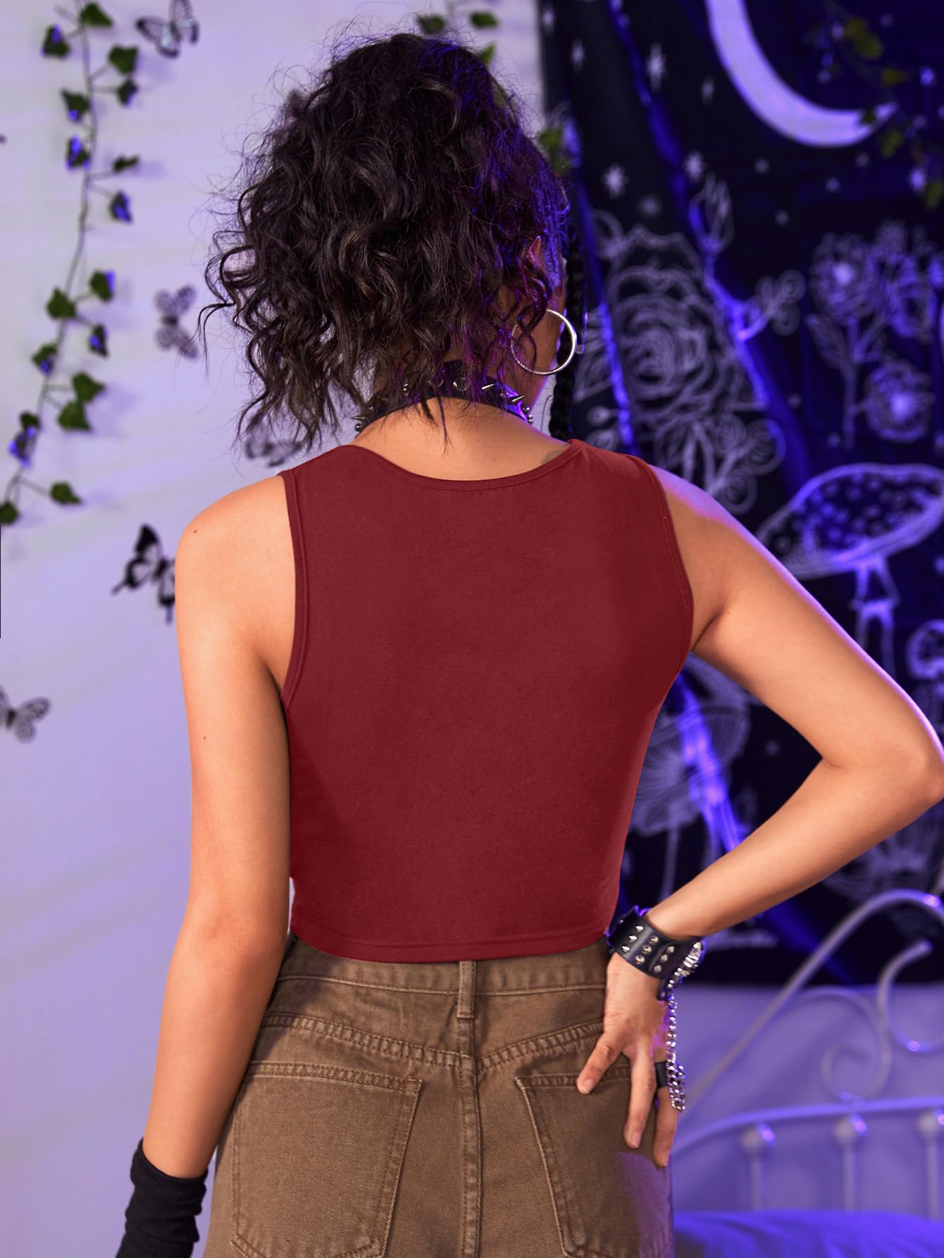 Floerns Women's Cut Out Sleeveless Round Neck Punk Rock Solid Ripped Crop Tank Top: Medium Rose Purple
