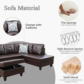 Leather Sectional Sofa Couch with Storage Ottoman, L-Shape Couch Sectional Sofa Set with Right Facing Chaise for Living Room/Apartment/Office,Brown