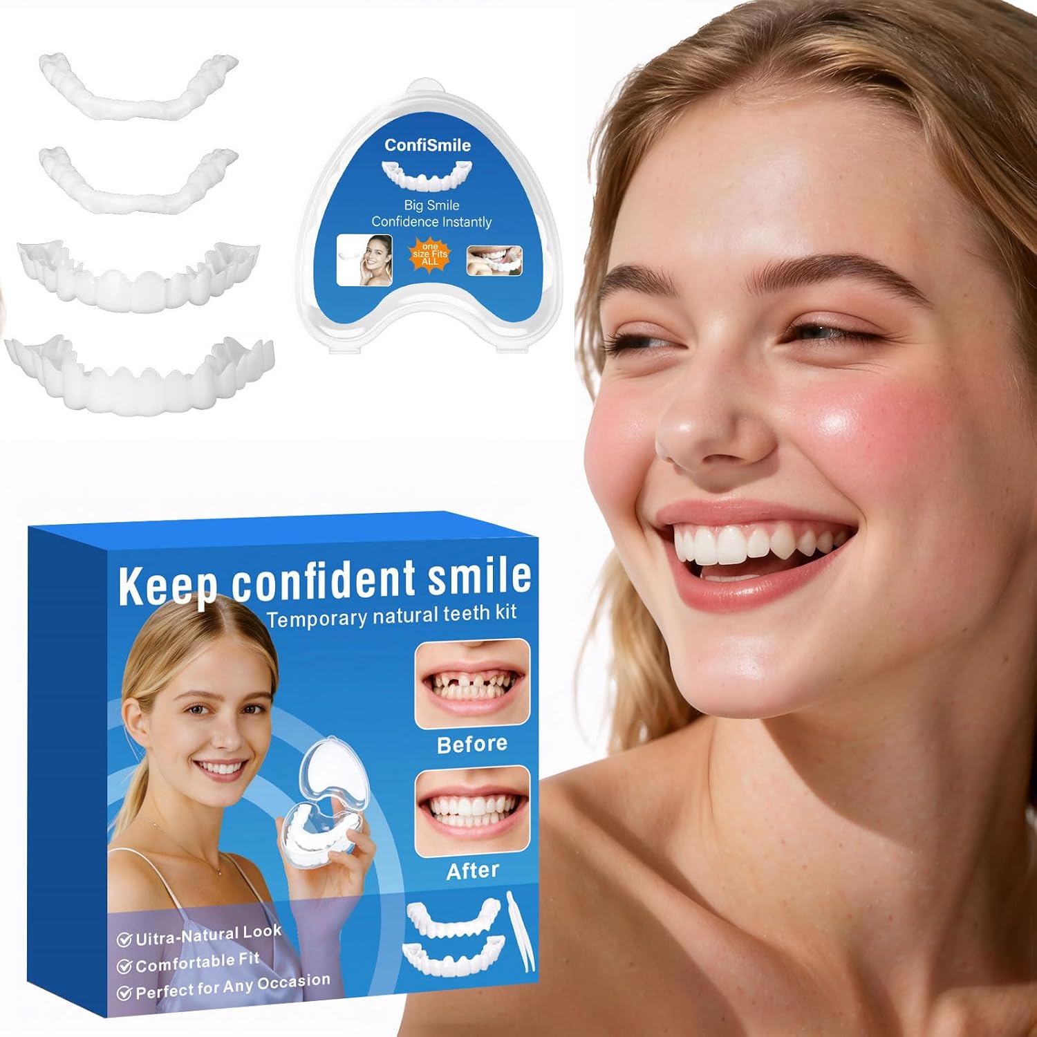 Veneers Teeth for Women & Men, Reusable Dental Cover for Missing or Imperfect Teeth, Easy to Wear, Comfortable Fit, Natural-Looking Appearance