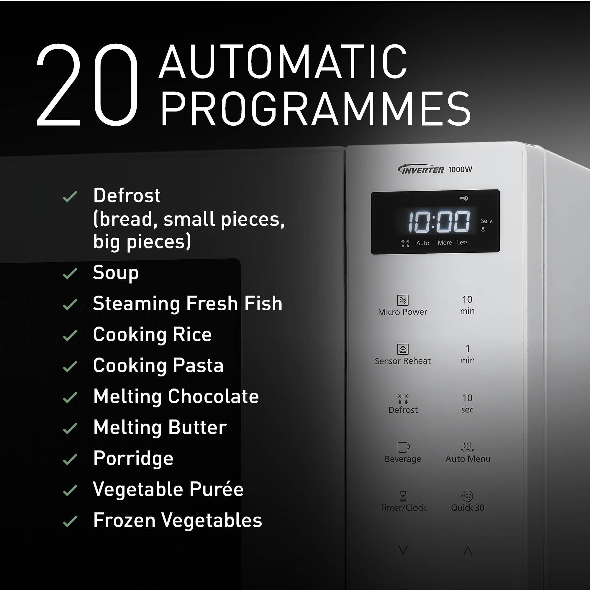 Panasonic NN-ST64QWEPG Mikrofalówka Solo Inverter 32L, moc 1000 W, 20 automatycznych programów, funkcja Quick 30, sterowanie dotykowe, jednolite gotowanie i rozmrażanie, biały