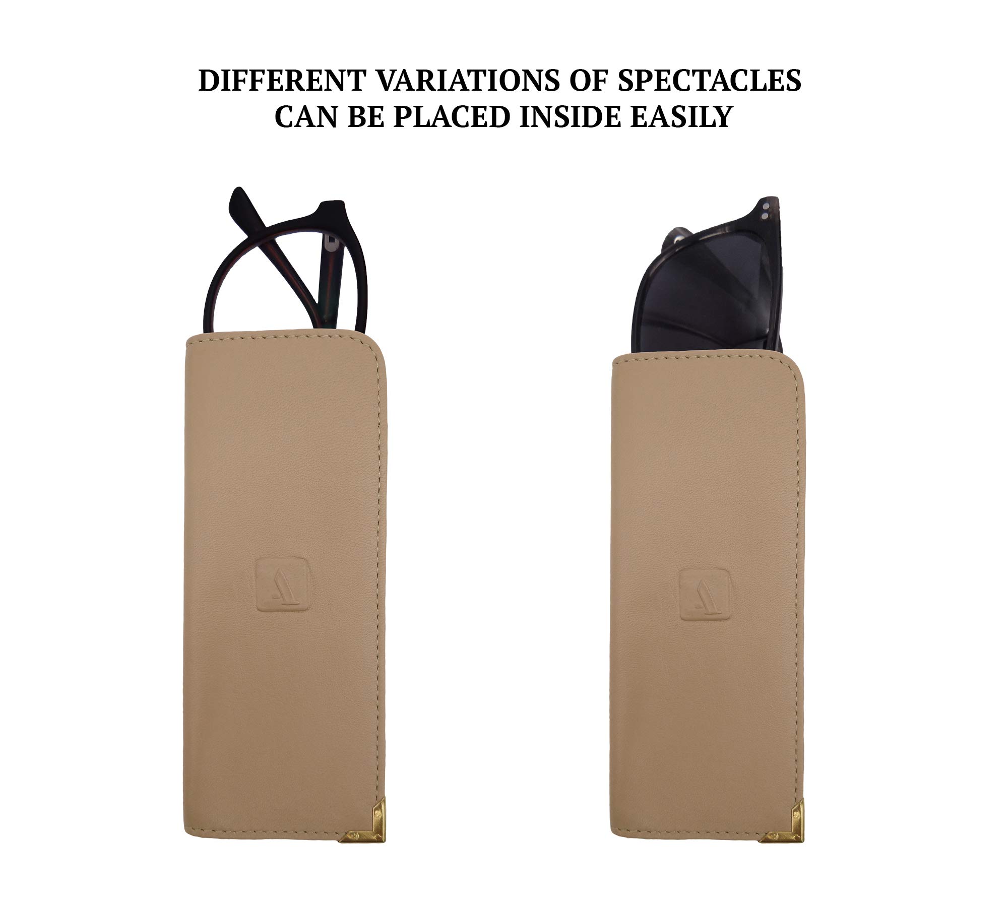 Adamis Genuine Leather Spectacles Soft Pouch for Men and Women Flexible And Durable For Reading Glass Holder compact size W43 Beige, Size 6 x 15 cm 2