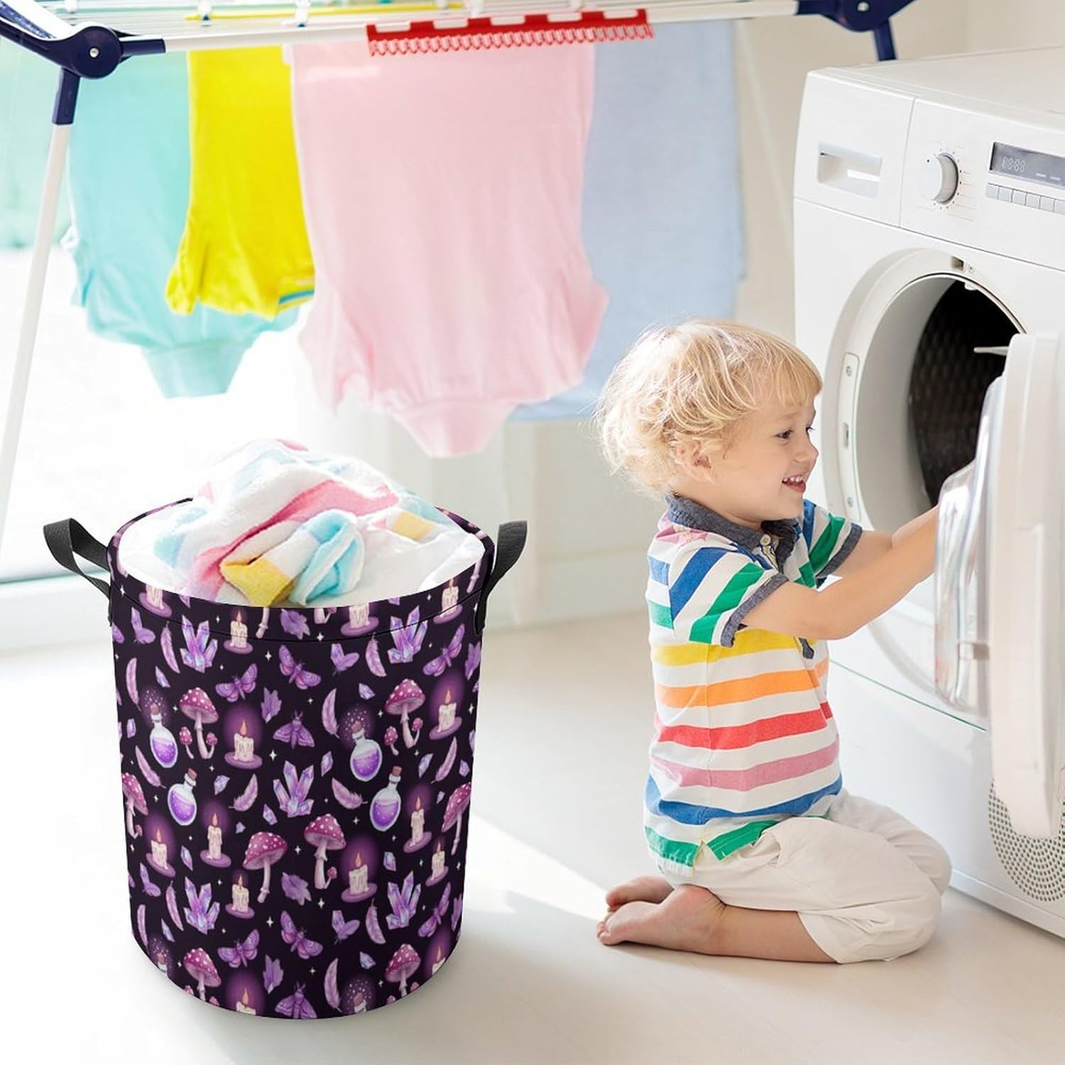 Laundry Baskets Large Waterproof Laundry Hamper, Gothic Magic Witch Witchy Trippy Purple Mushrooms Round Storage Baskets, Easy Carry for College Dormitory Living Room Bathroom