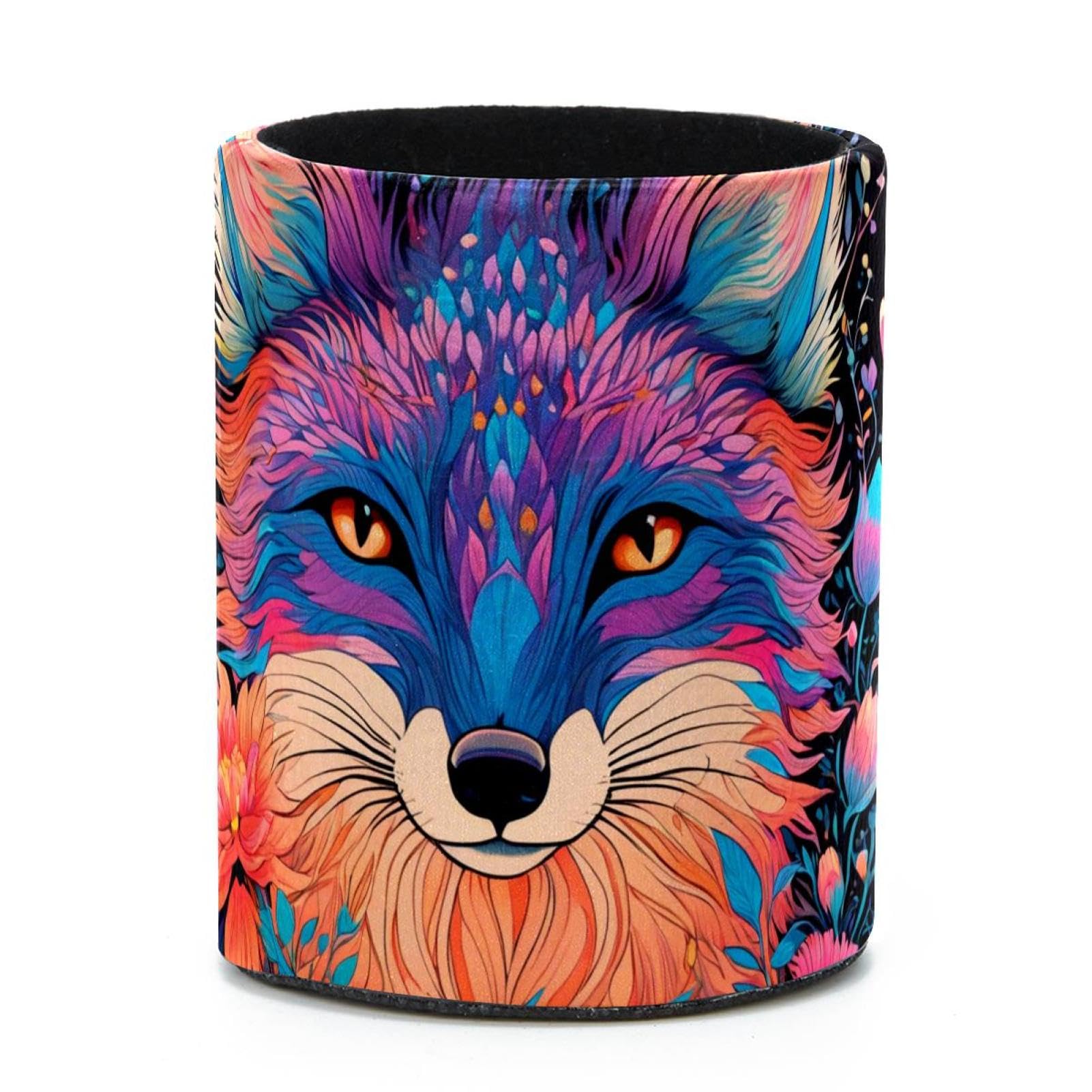 VAPOKF Round Pencil Holders for Desk, Color Drawing Fox Pen Holders Pen Pot Makeup Brushes Storage Desktop Stationery Supplies Organiser for Home Office