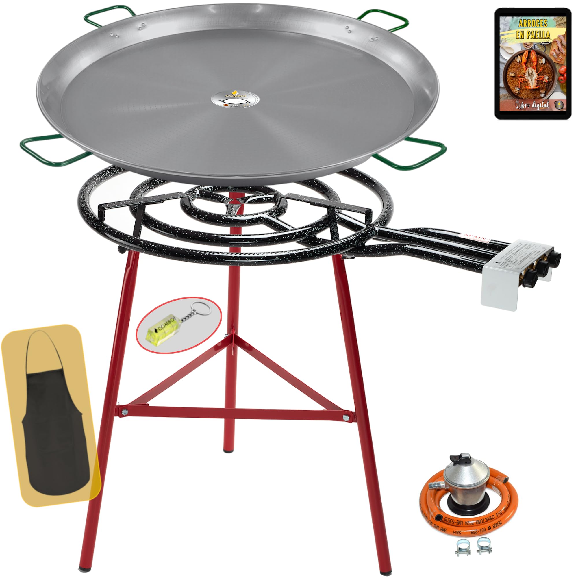 COMBOI Kit Réchaud à Paella à Gaz Butane 70 cm, Poêle 90 cm, Régulateur, Tuyau, Support Pieds Renforcés, Niveau, Tablier et Livre de Recettes Numérique