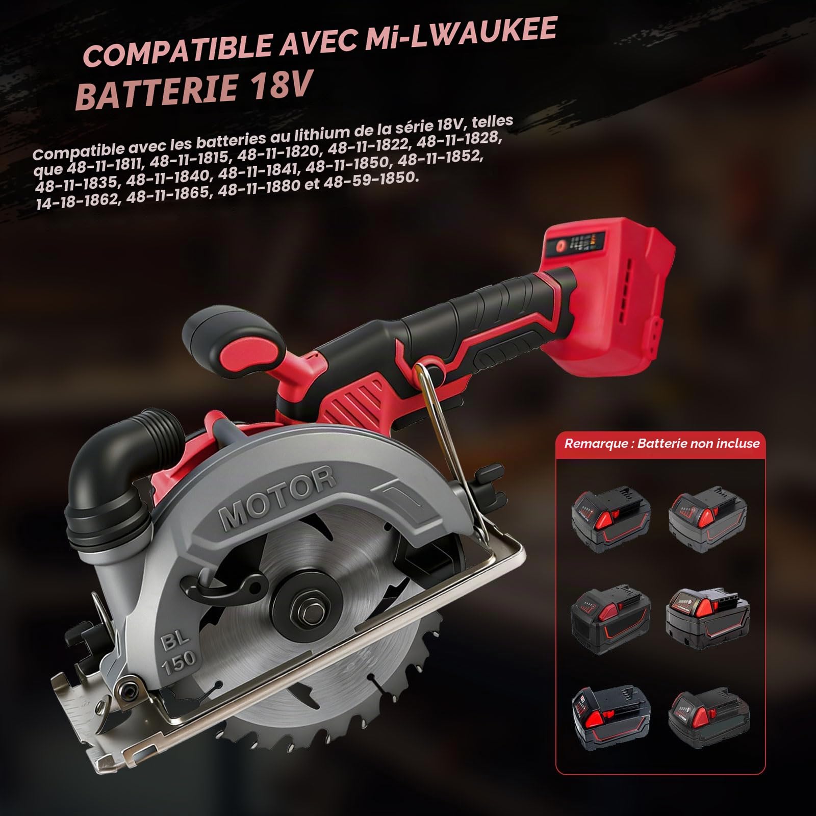 Scie circulaire sans fil de 15,2 cm compatible avec Milwaukee M18, scies circulaires sans balais de 6200 tr/min avec 2 lames de 150 mm, profondeur de coupe 50 mm, biseau de 0 à 45° pour coupe du bois