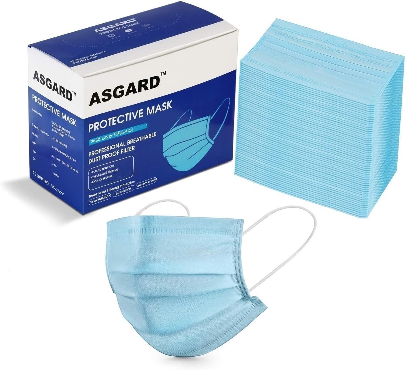 Melt-Blown Fabric Disposable Face Mask with Nose Clip (Blue, Pack of 100) for Unisex